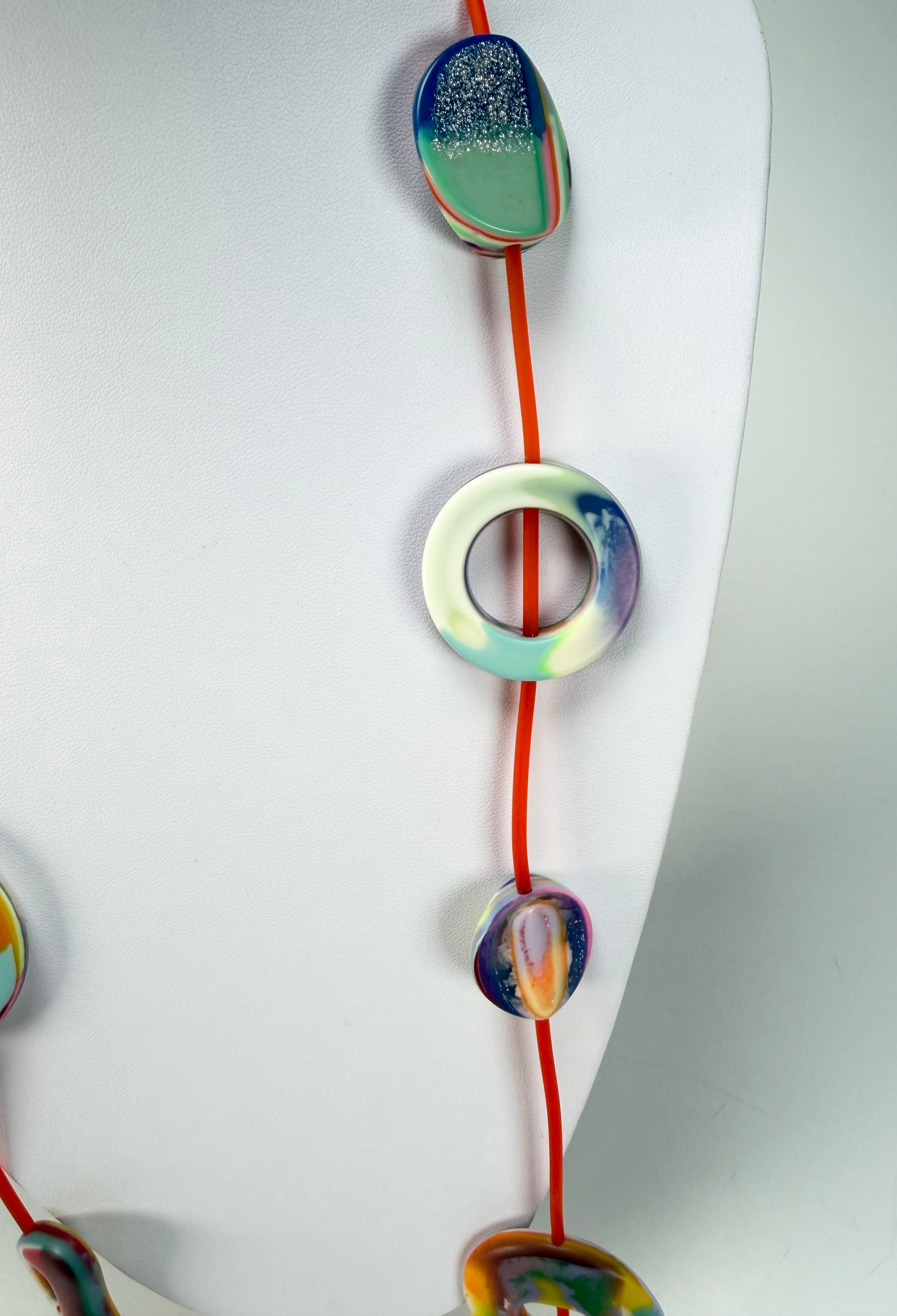 Jackie Brazil "Cool" Kandinsky Tropicalia Resin Necklace on Rubber Cord ( N2361 )