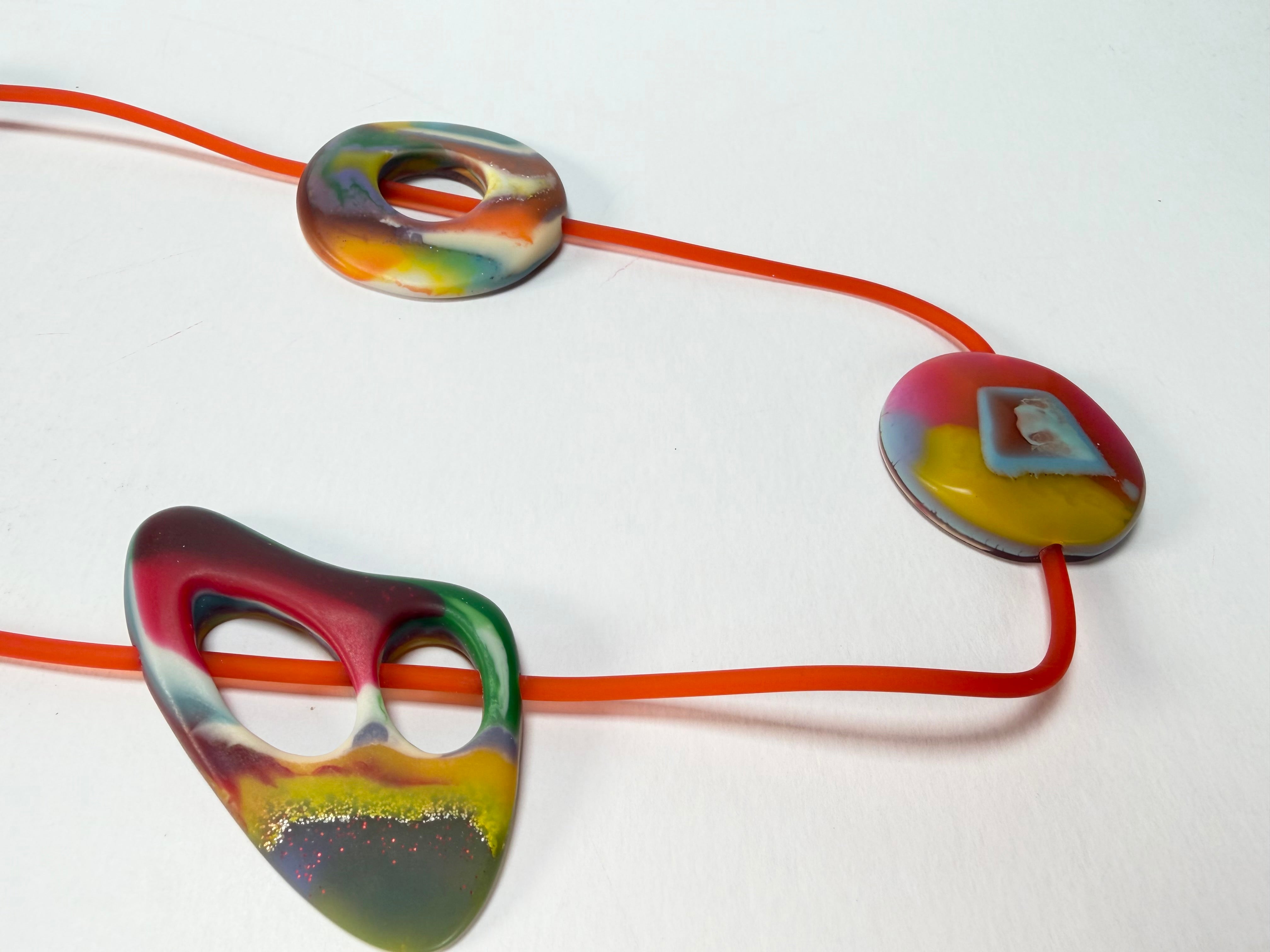 Jackie Brazil "Cool" Kandinsky Tropicalia Resin Necklace on Rubber Cord ( N2361 )