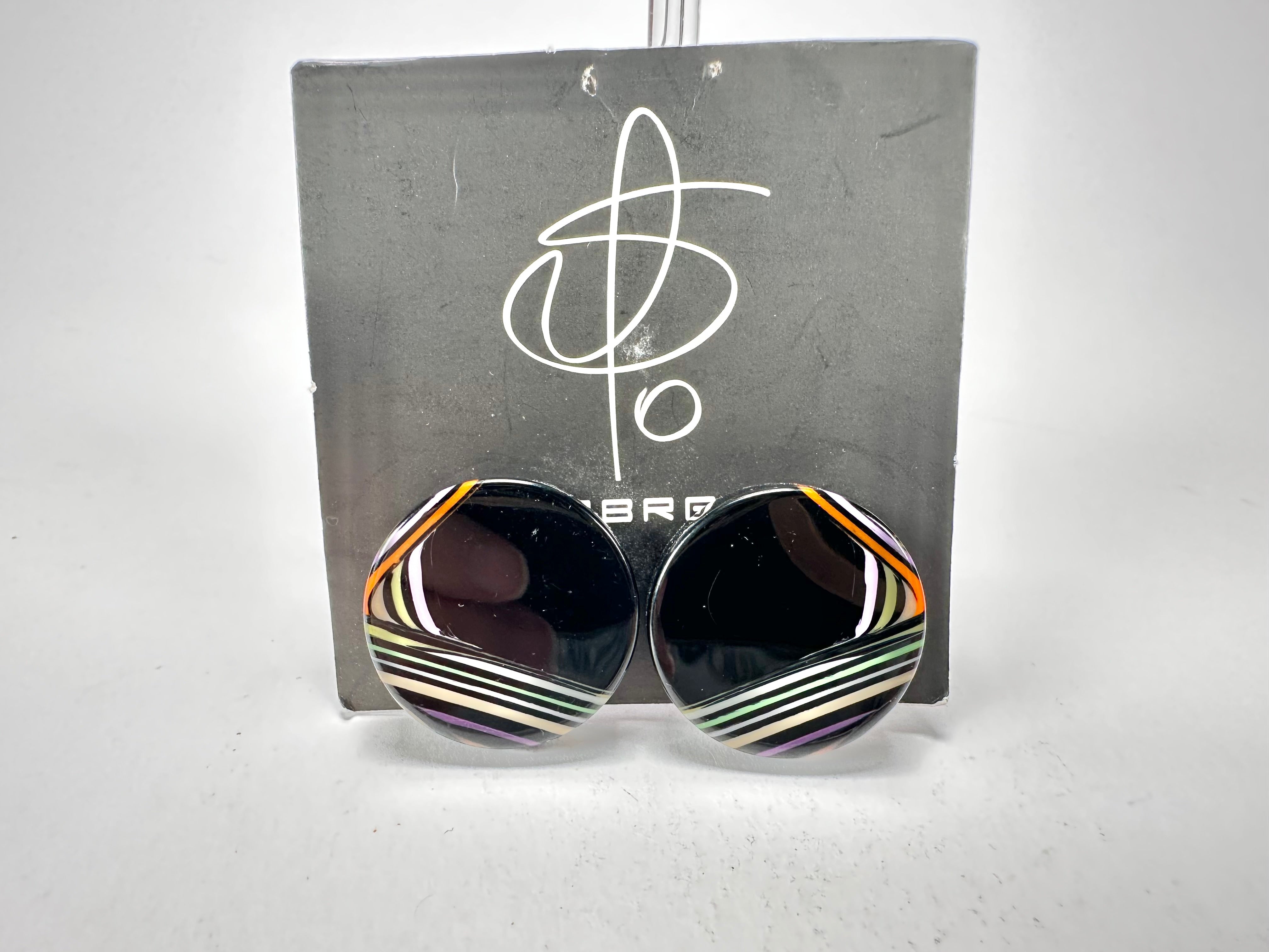 Jackie Brazil "Aida" Black Swirls Round Clip On Resin Earrings ( E3174 )