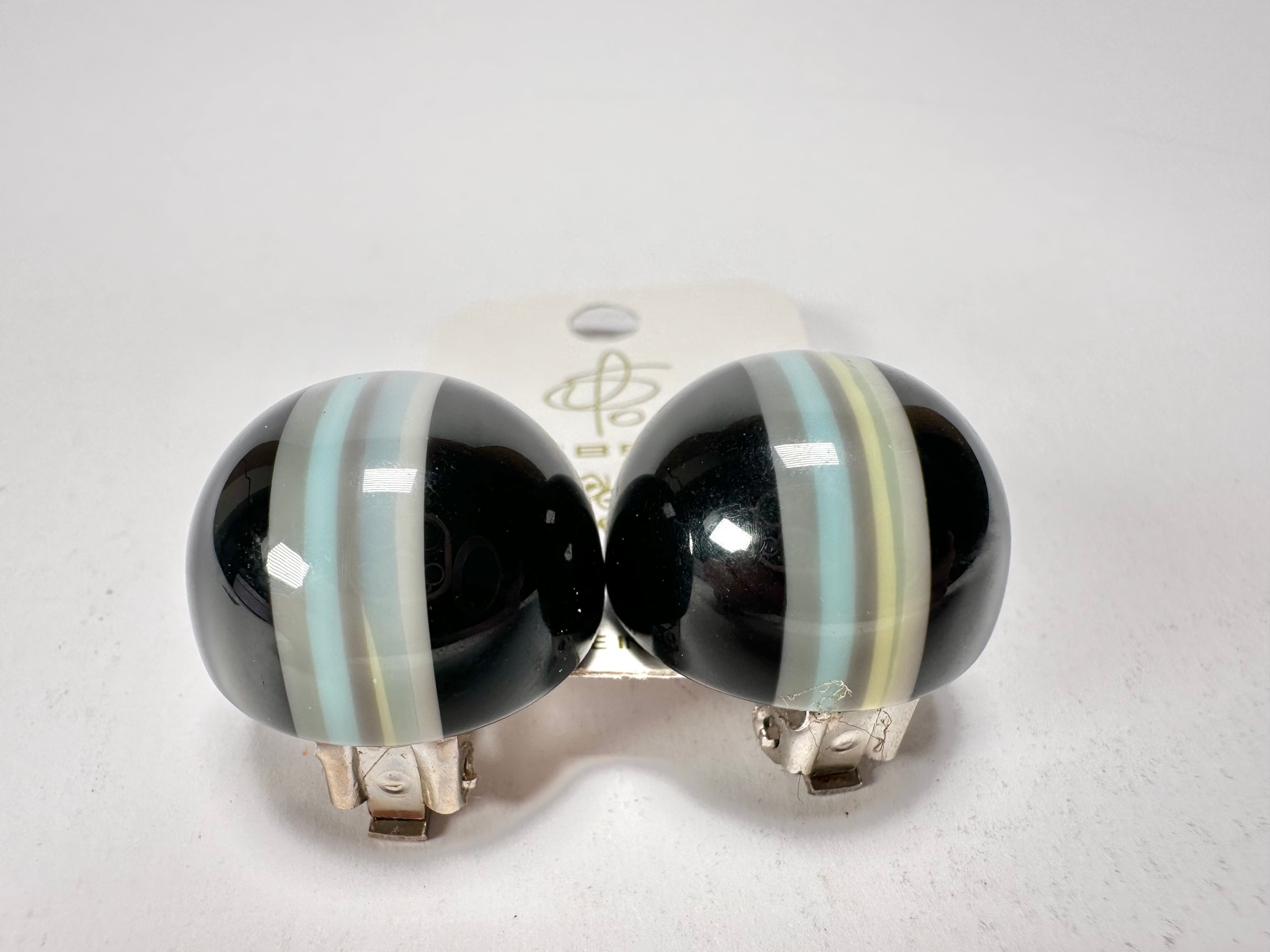 Jackie Brazil "Bar Code" Black Round Balls Clip On Resin Earrings ( E2236 )