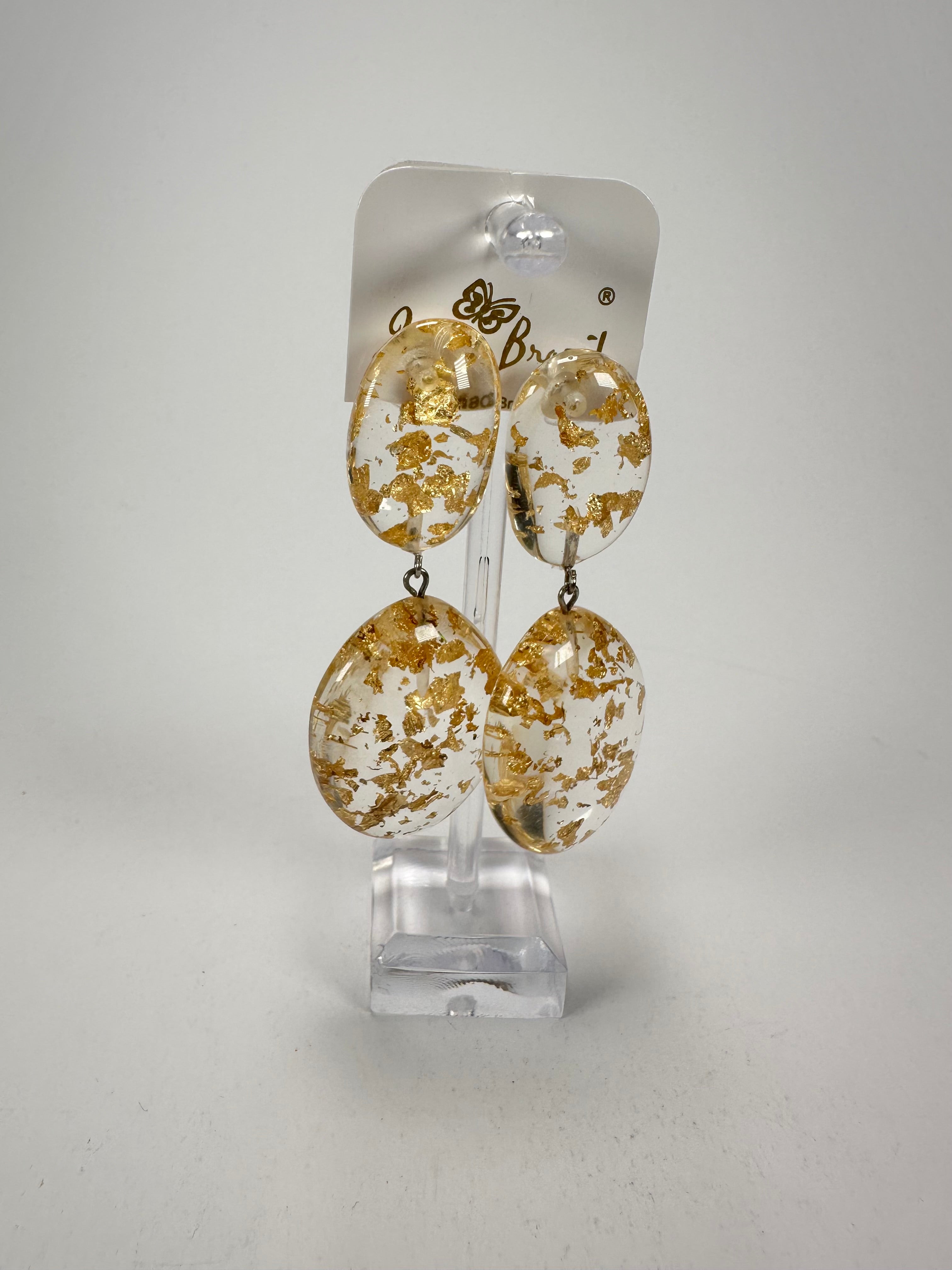 Jackie Brazil "Gold Flakes" Medium Riverstone Double Pendant Resin Earrings ( E3900 )