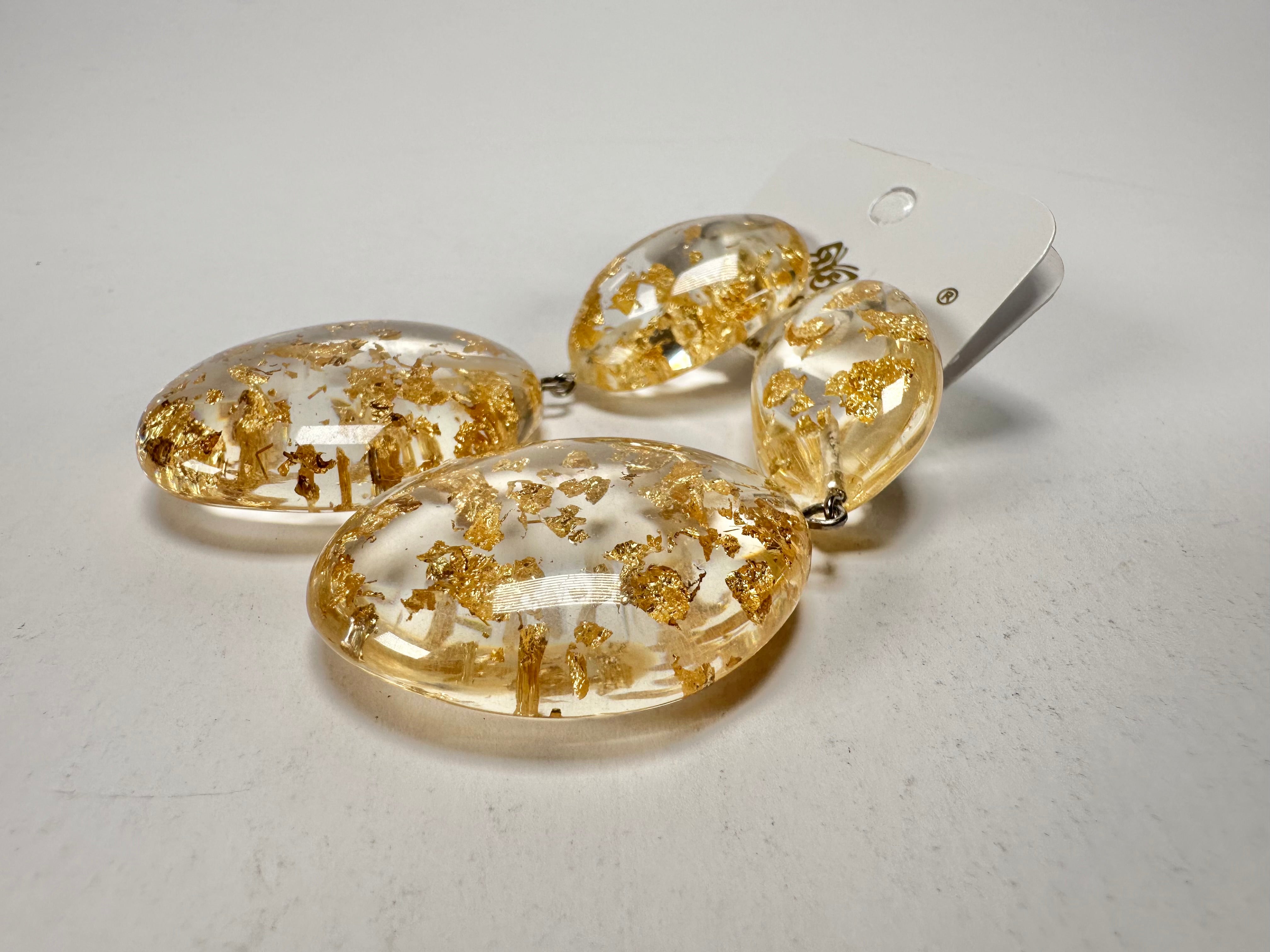 Jackie Brazil "Gold Flakes" Medium Riverstone Double Pendant Resin Earrings ( E3900 )