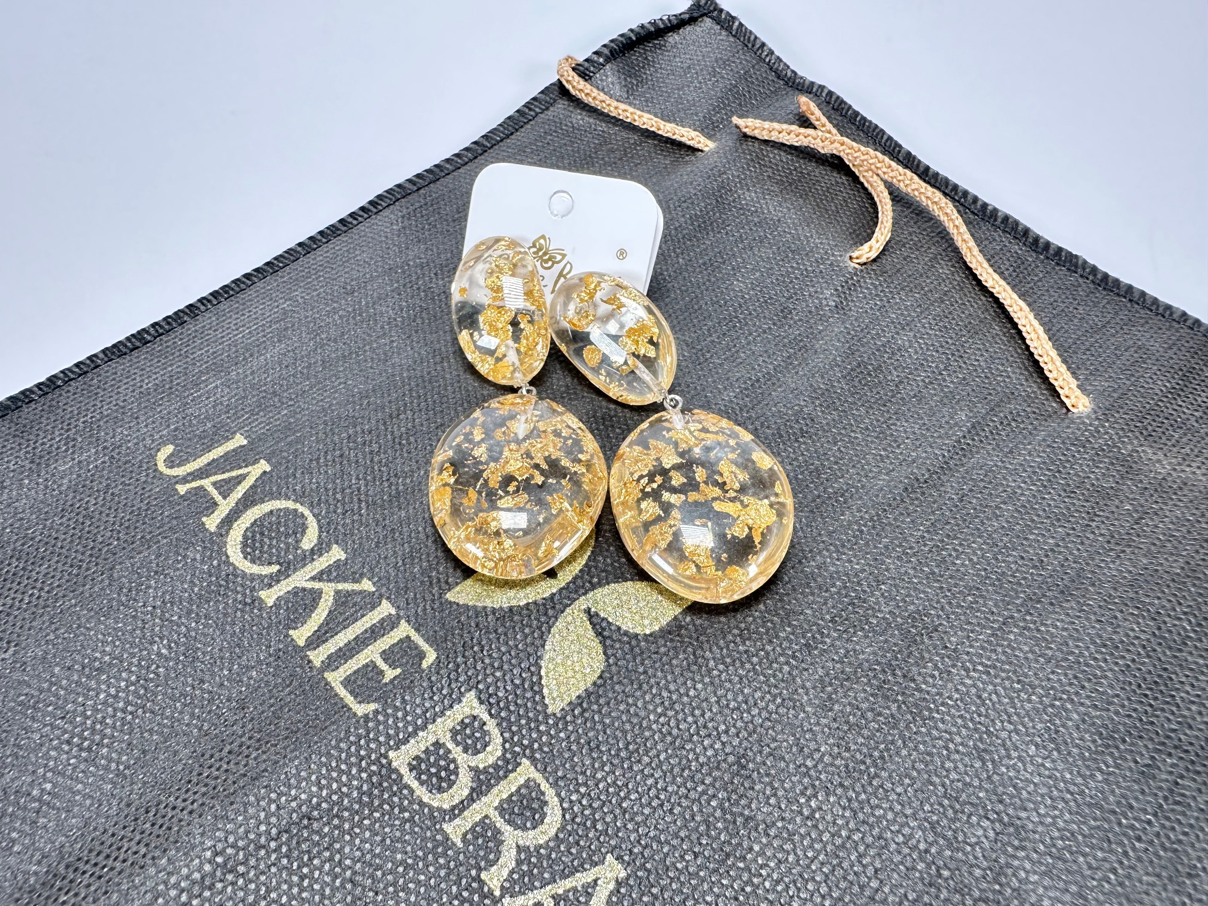 Jackie Brazil "Gold Flakes" Medium Riverstone Double Pendant Resin Earrings ( E3900 )