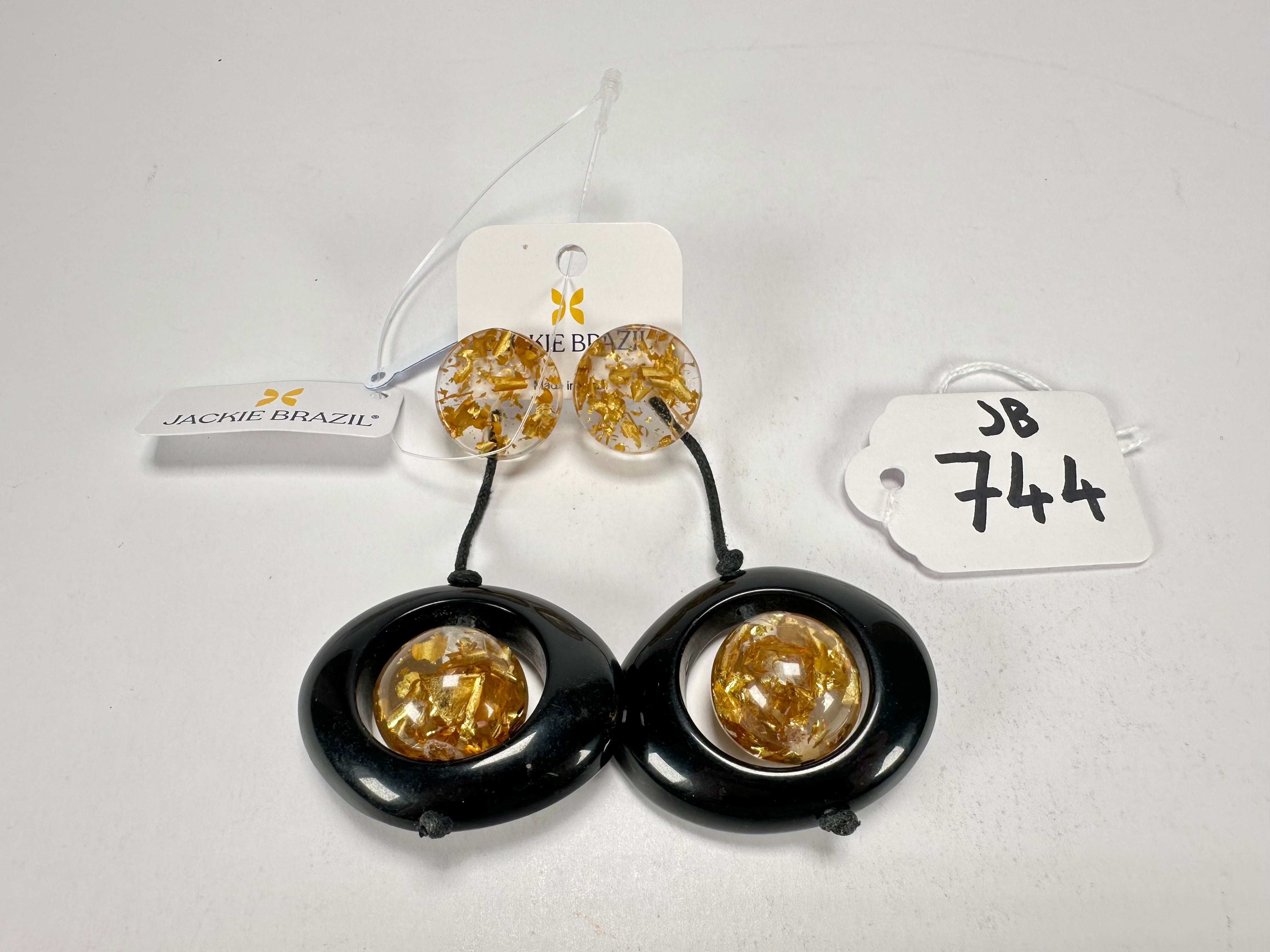 Jackie Brazil "Saturn" Black & Gold Flakes Disk & Ball on Cord Resin Earrings ( E0052 )