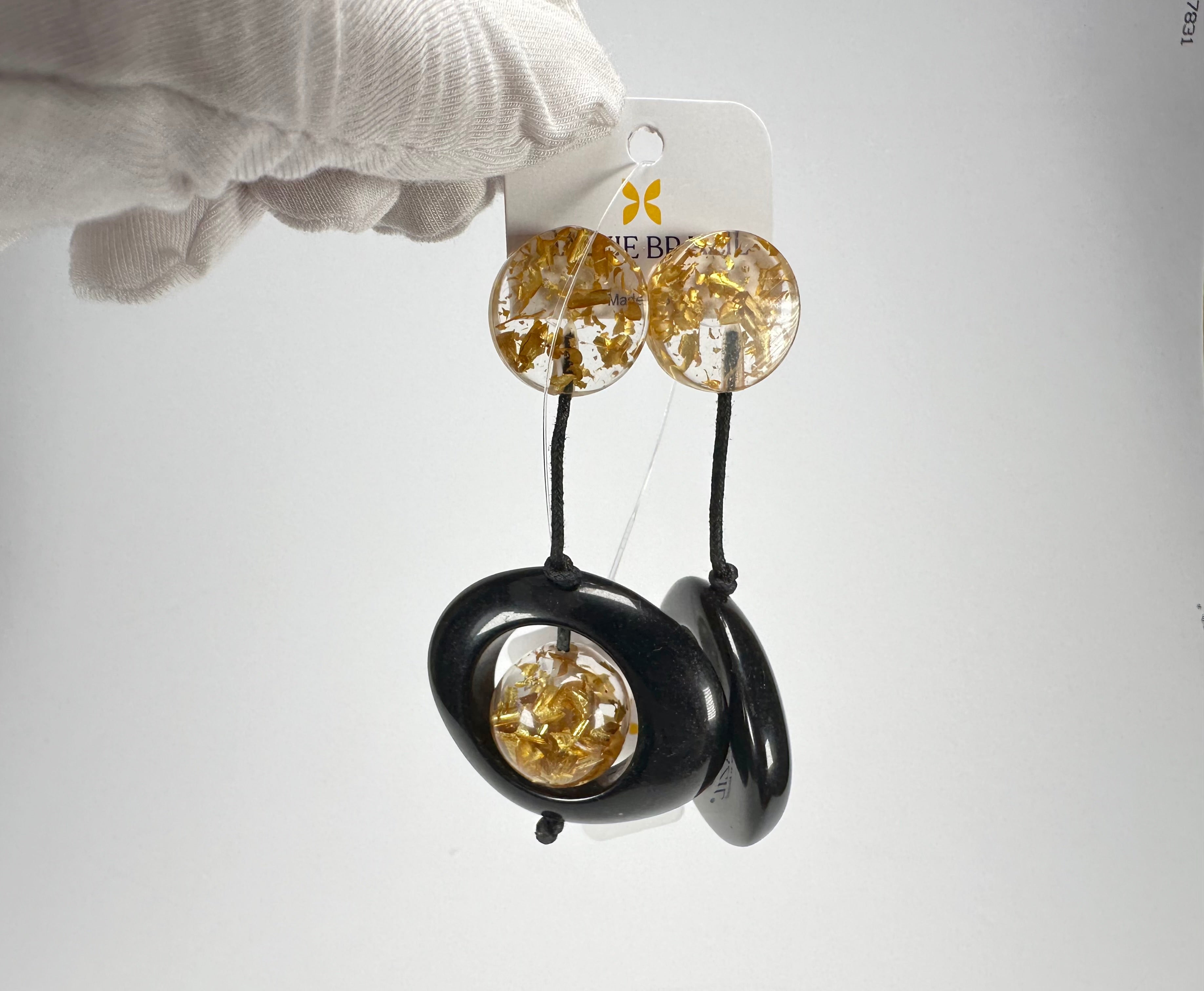 Jackie Brazil "Saturn" Black & Gold Flakes Disk & Ball on Cord Resin Earrings ( E0052 )
