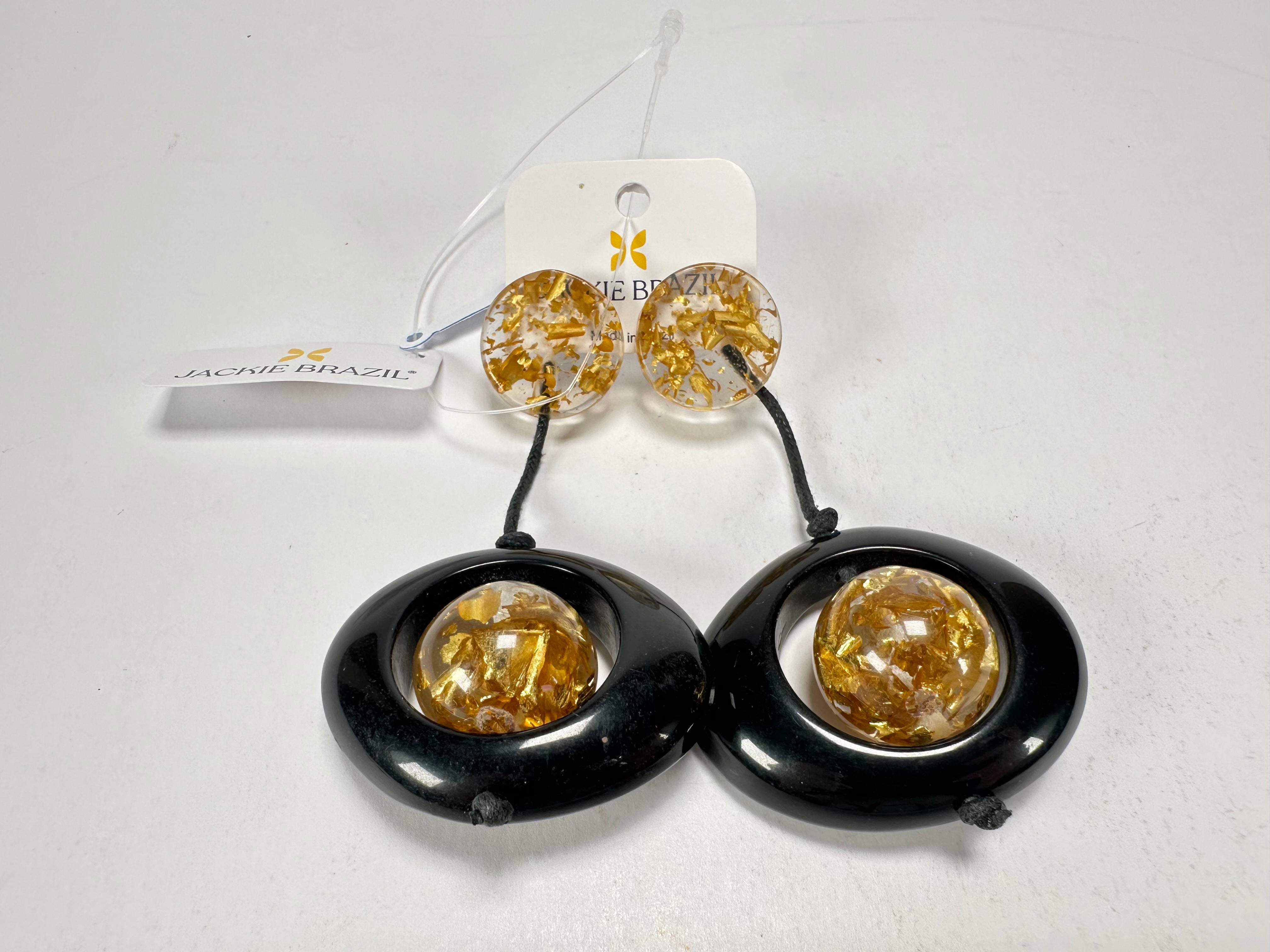 Jackie Brazil "Saturn" Black & Gold Flakes Disk & Ball on Cord Resin Earrings ( E0052 )