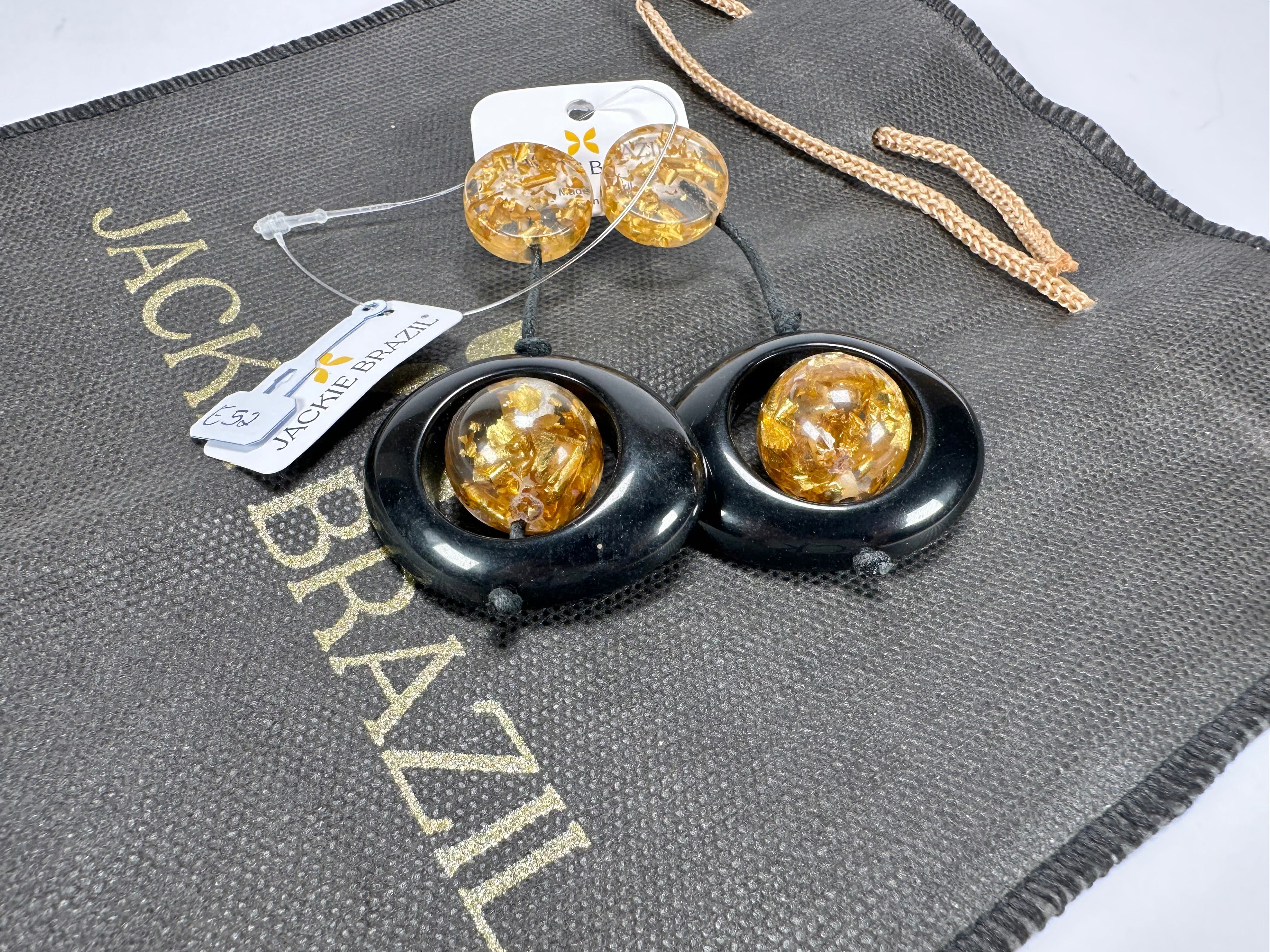 Jackie Brazil "Saturn" Black & Gold Flakes Disk & Ball on Cord Resin Earrings ( E0052 )