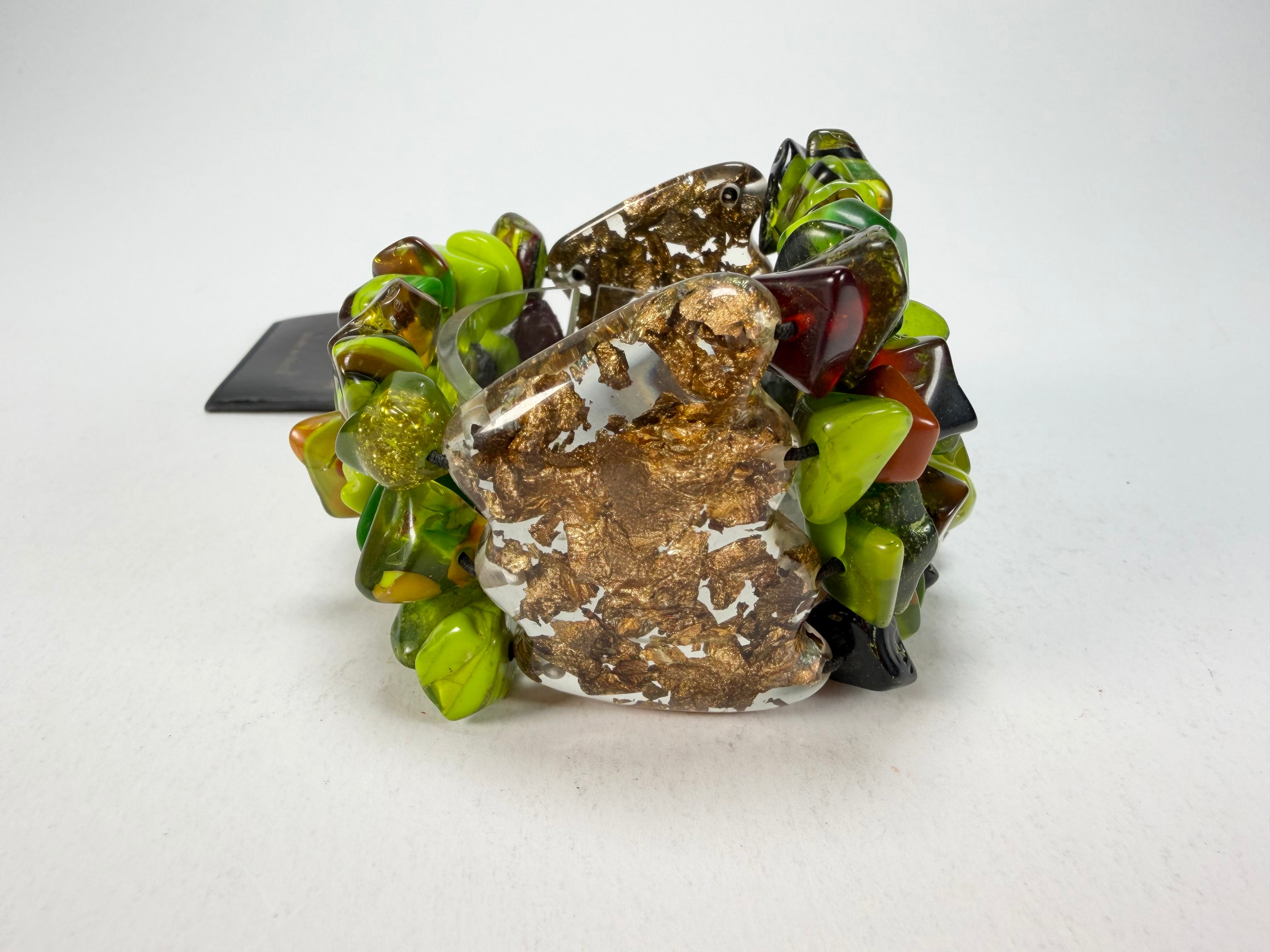 Jackie Brazil "Orient Express" 3 & 4 Beaded Strands with Leaf Pendant Green Mix Resin Bracelet ( B3544 )