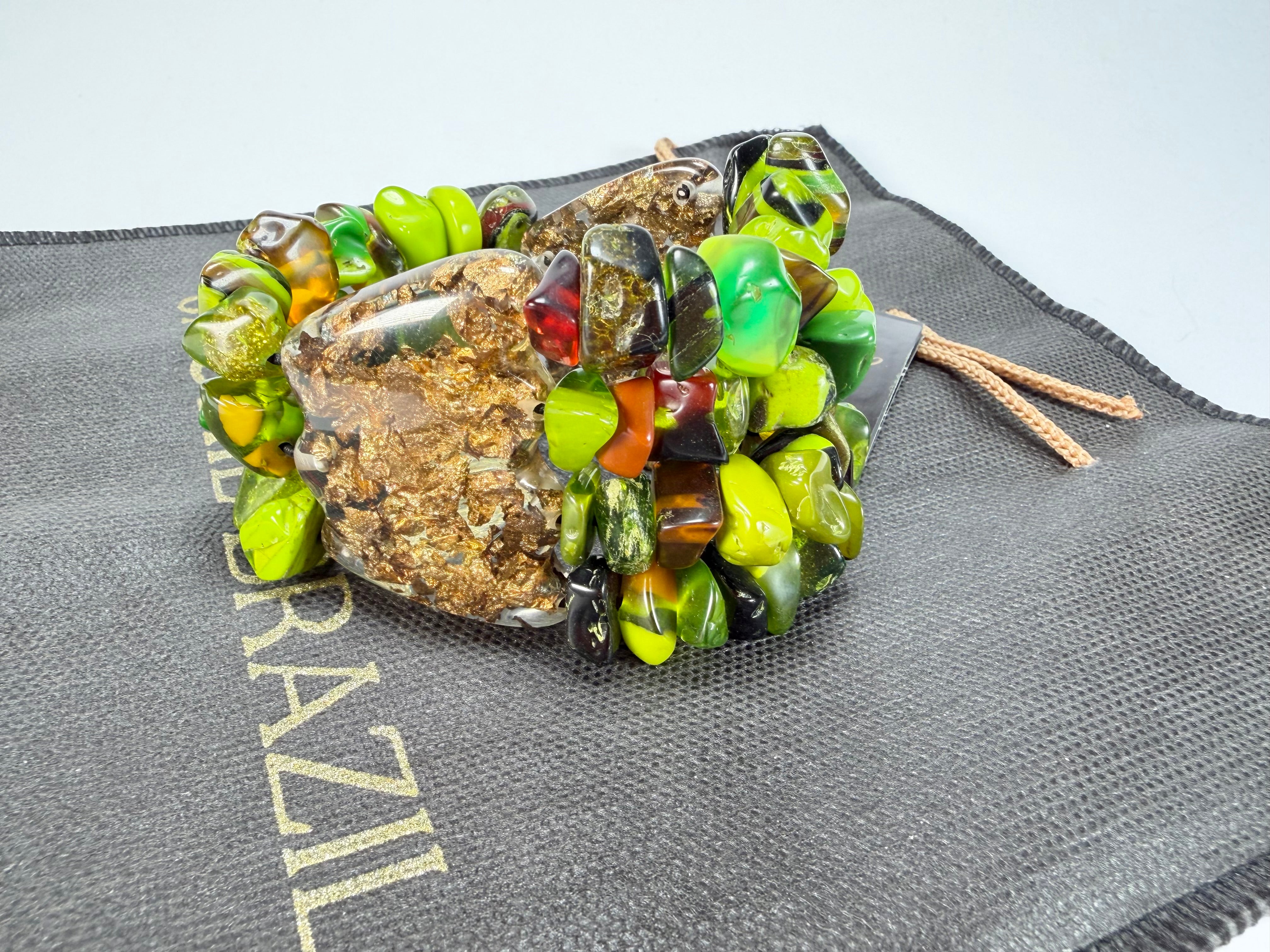 Jackie Brazil "Orient Express" 3 & 4 Beaded Strands with Leaf Pendant Green Mix Resin Bracelet ( B3544 )