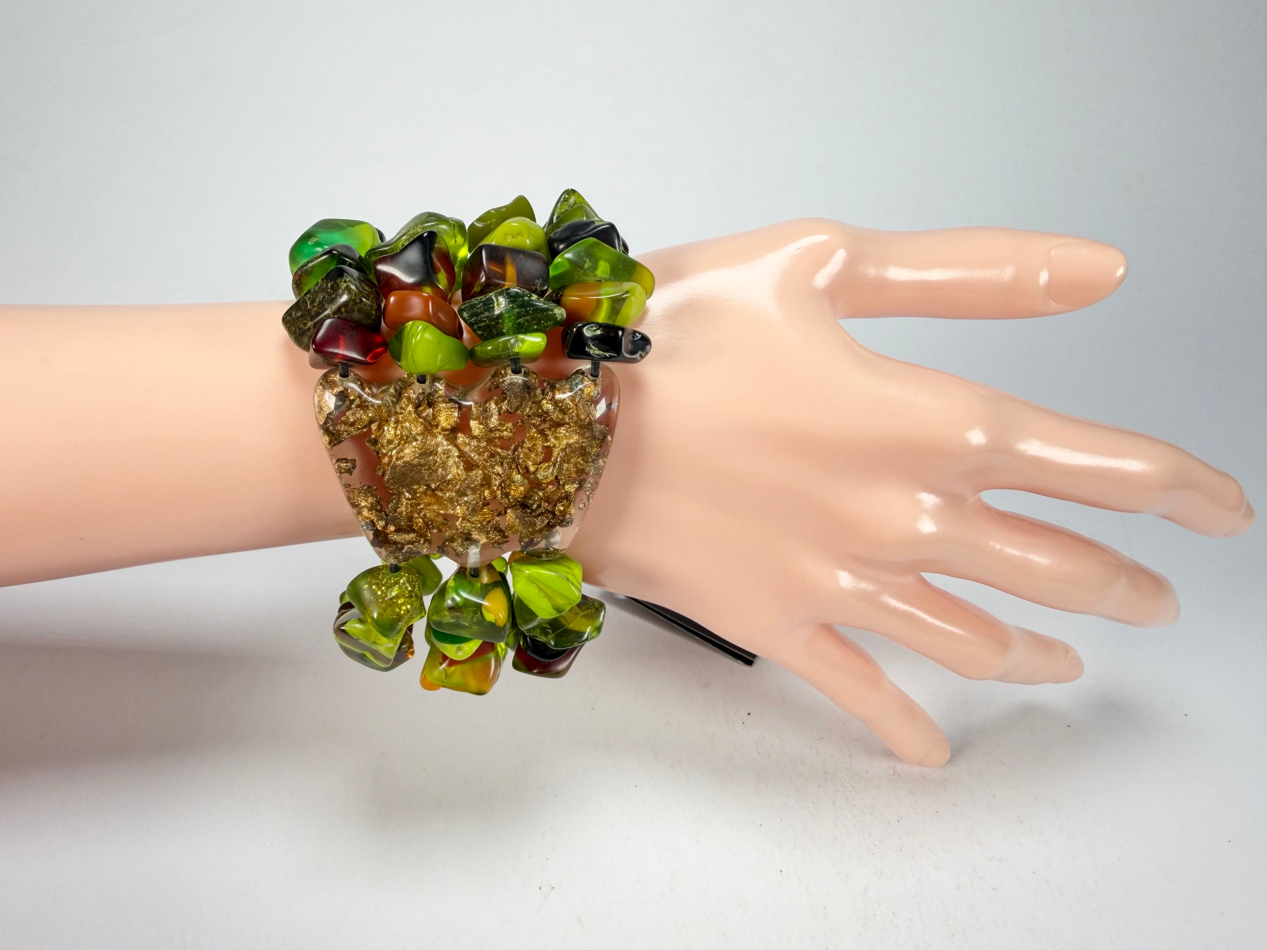 Jackie Brazil "Orient Express" 3 & 4 Beaded Strands with Leaf Pendant Green Mix Resin Bracelet ( B3544 )