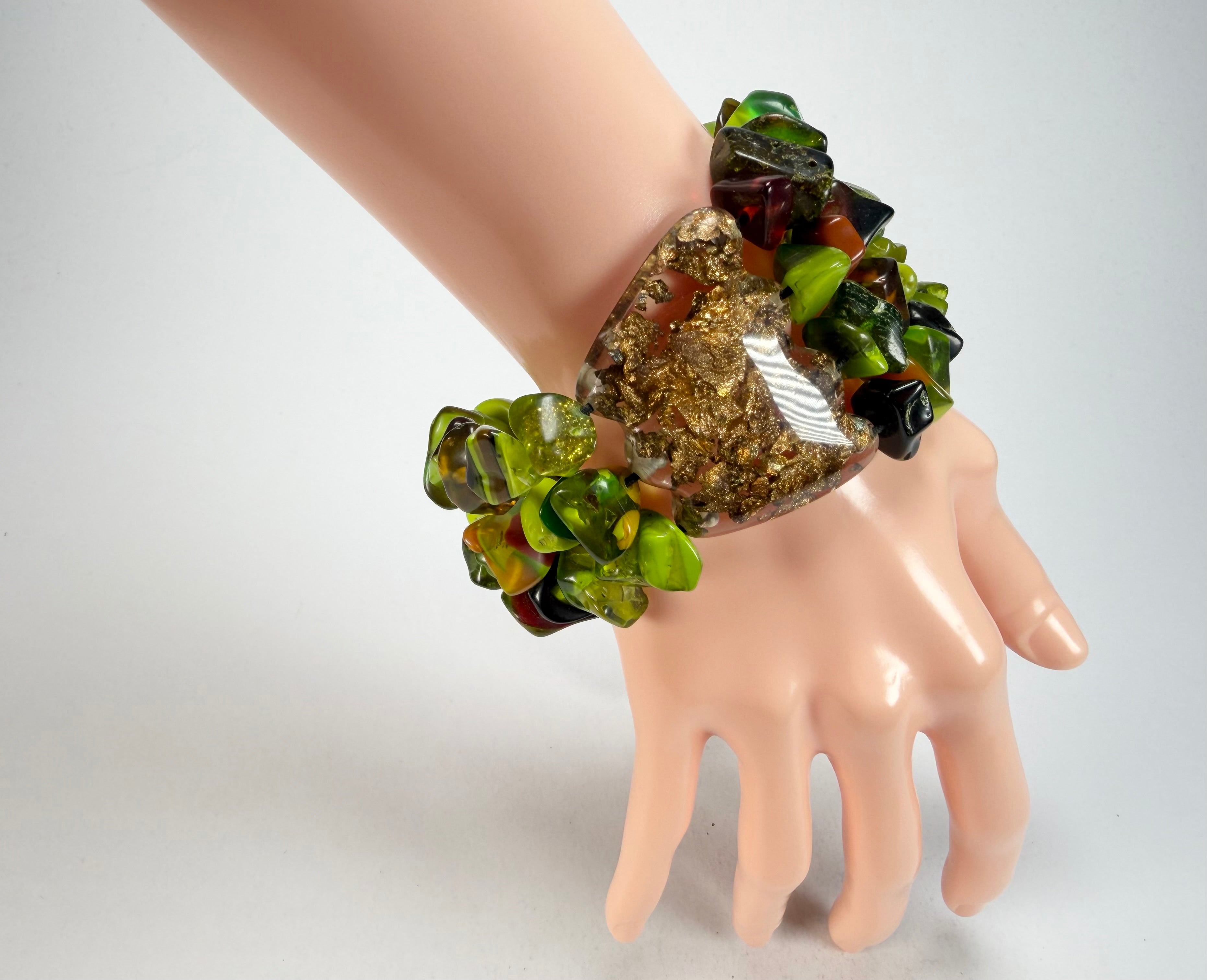 Jackie Brazil "Orient Express" 3 & 4 Beaded Strands with Leaf Pendant Green Mix Resin Bracelet ( B3544 )