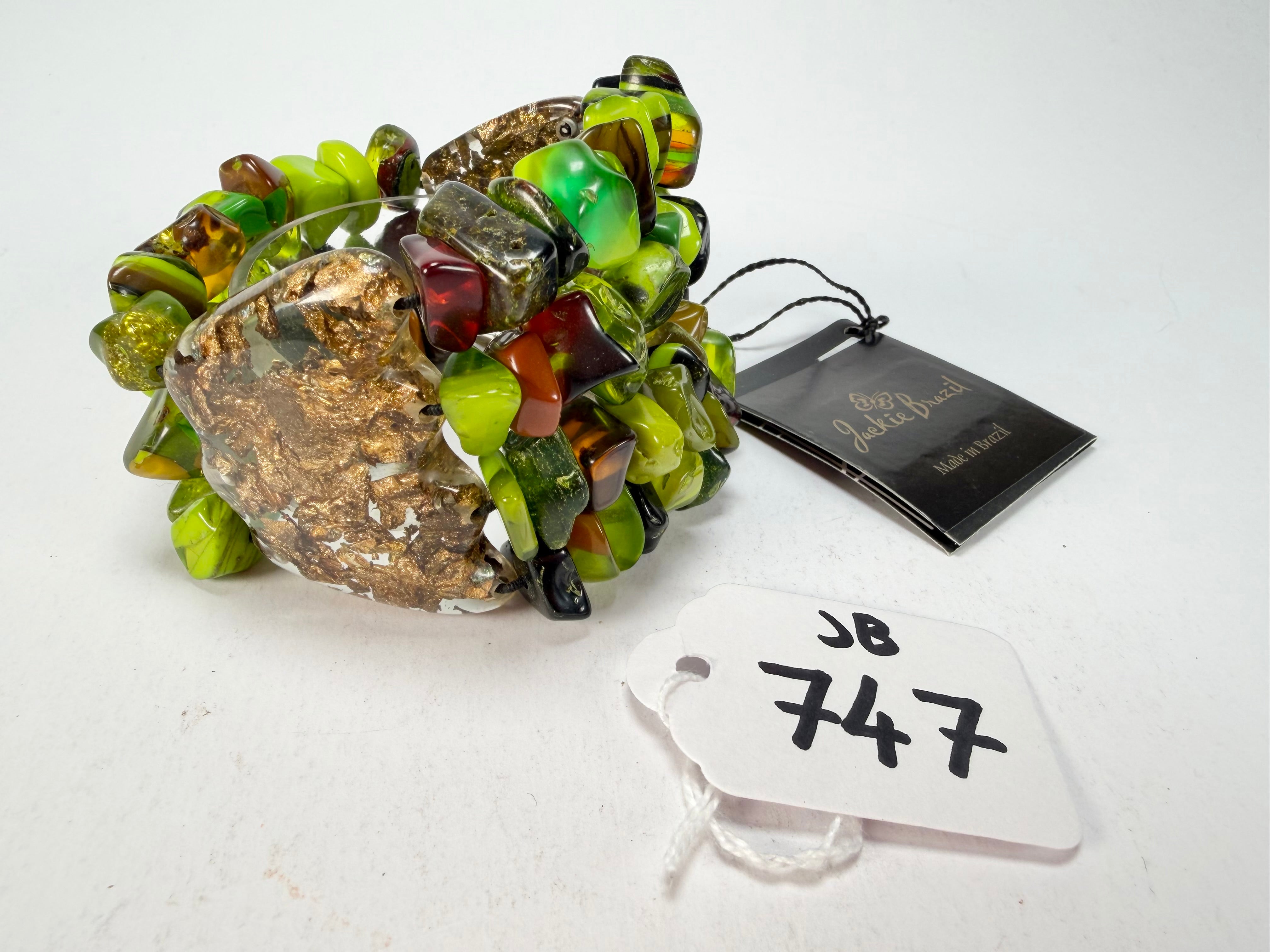 Jackie Brazil "Orient Express" 3 & 4 Beaded Strands with Leaf Pendant Green Mix Resin Bracelet ( B3544 )