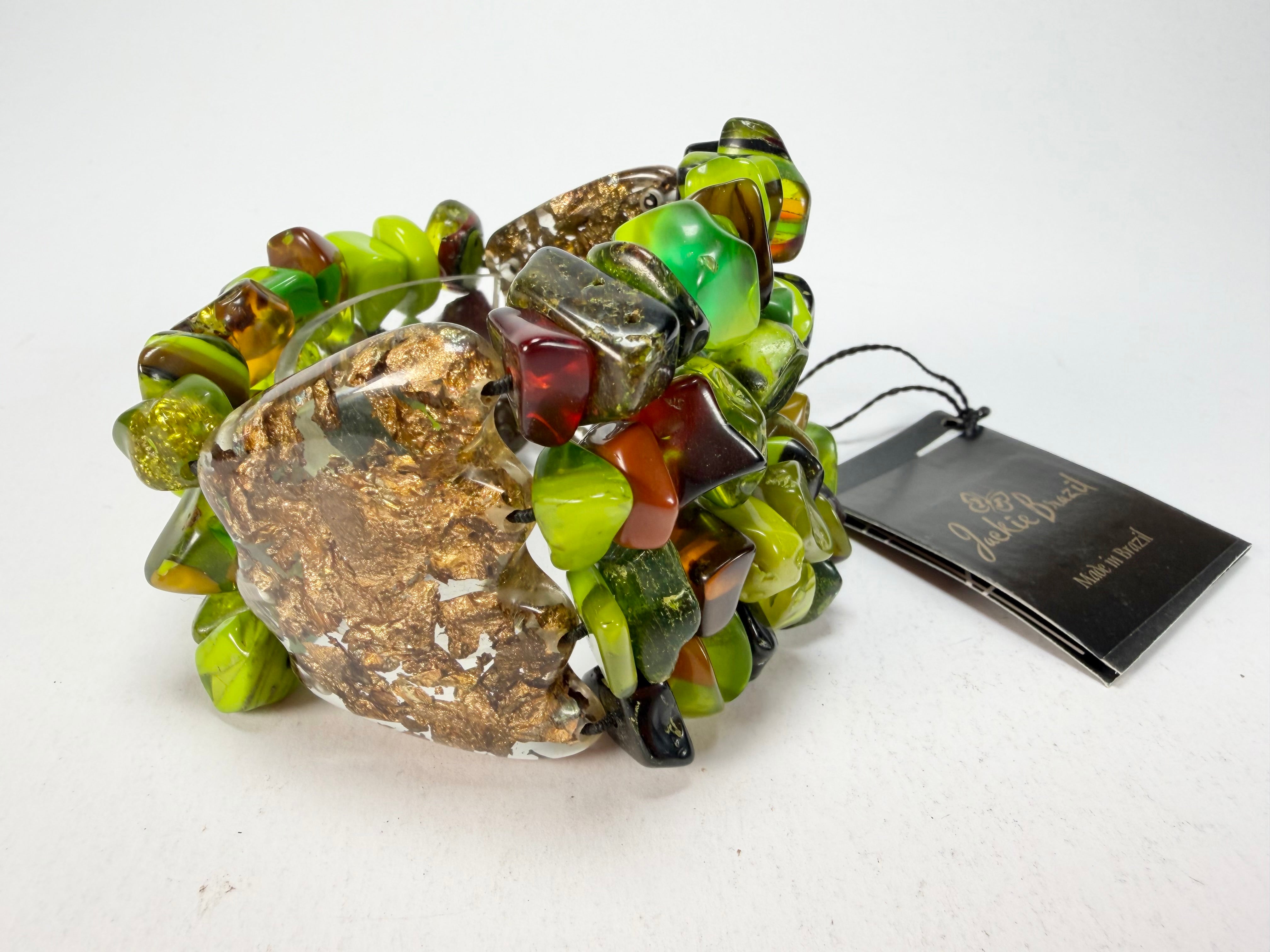 Jackie Brazil "Orient Express" 3 & 4 Beaded Strands with Leaf Pendant Green Mix Resin Bracelet ( B3544 )