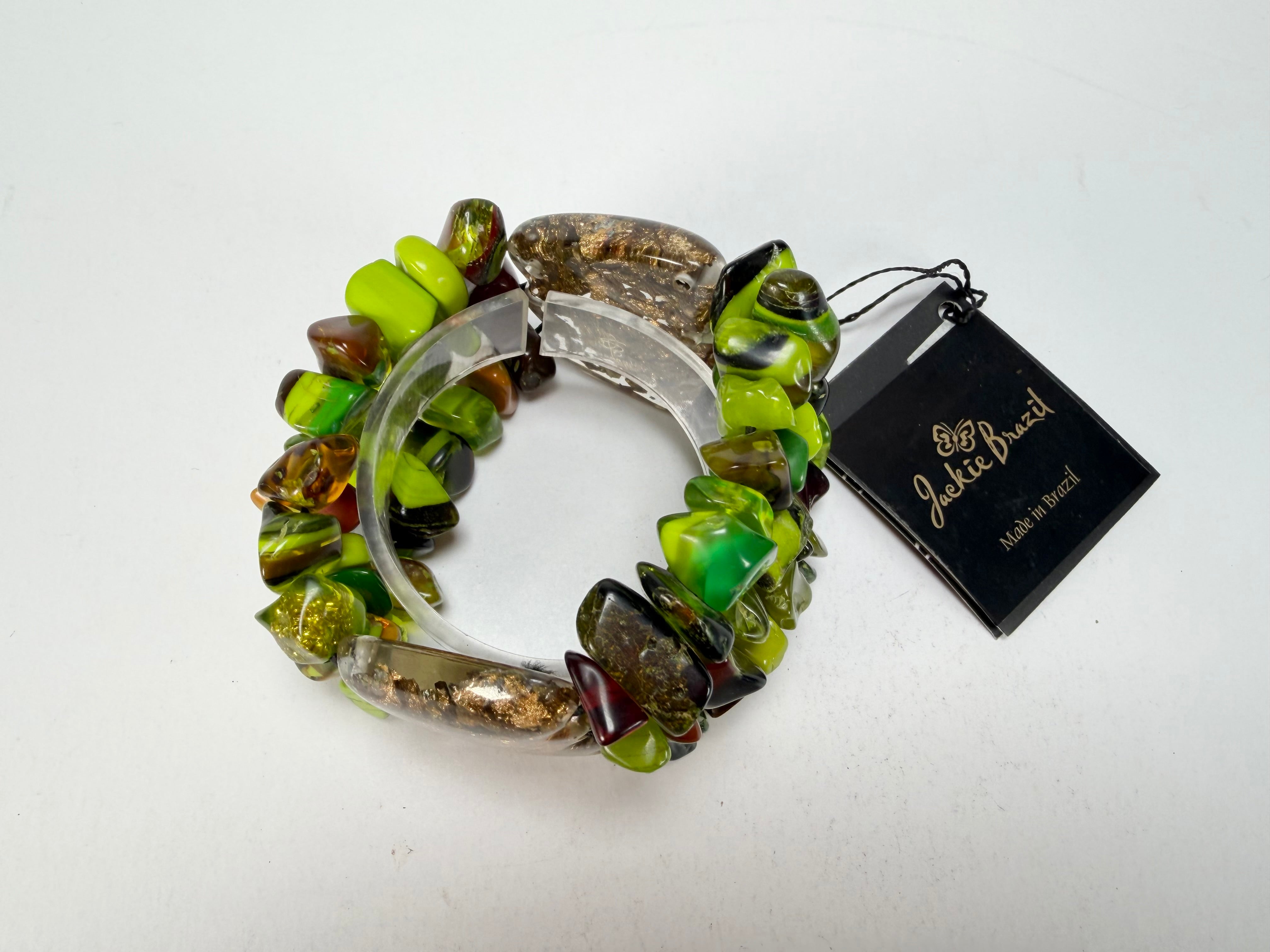 Jackie Brazil "Orient Express" 3 & 4 Beaded Strands with Leaf Pendant Green Mix Resin Bracelet ( B3544 )
