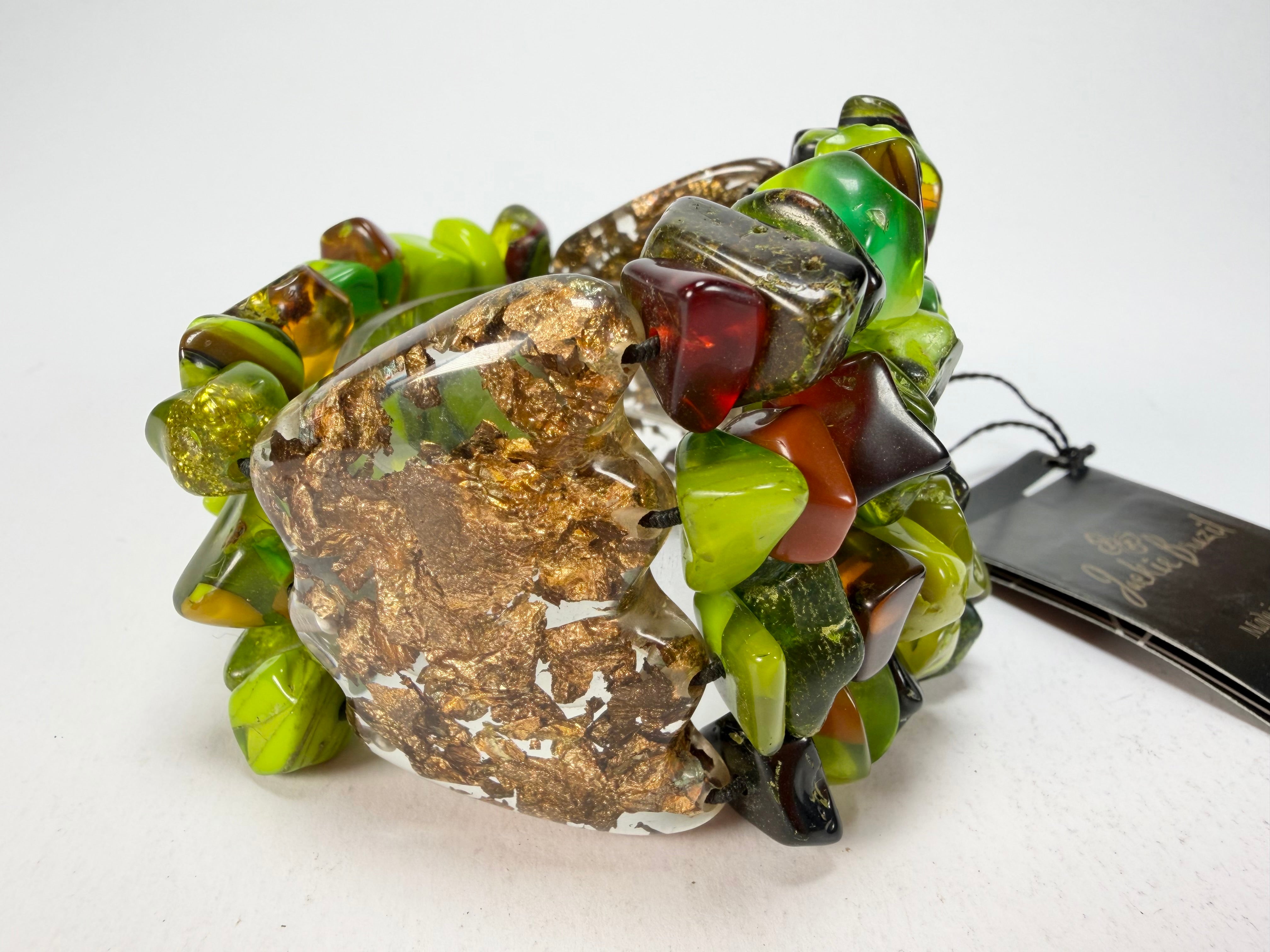 Jackie Brazil "Orient Express" 3 & 4 Beaded Strands with Leaf Pendant Green Mix Resin Bracelet ( B3544 )
