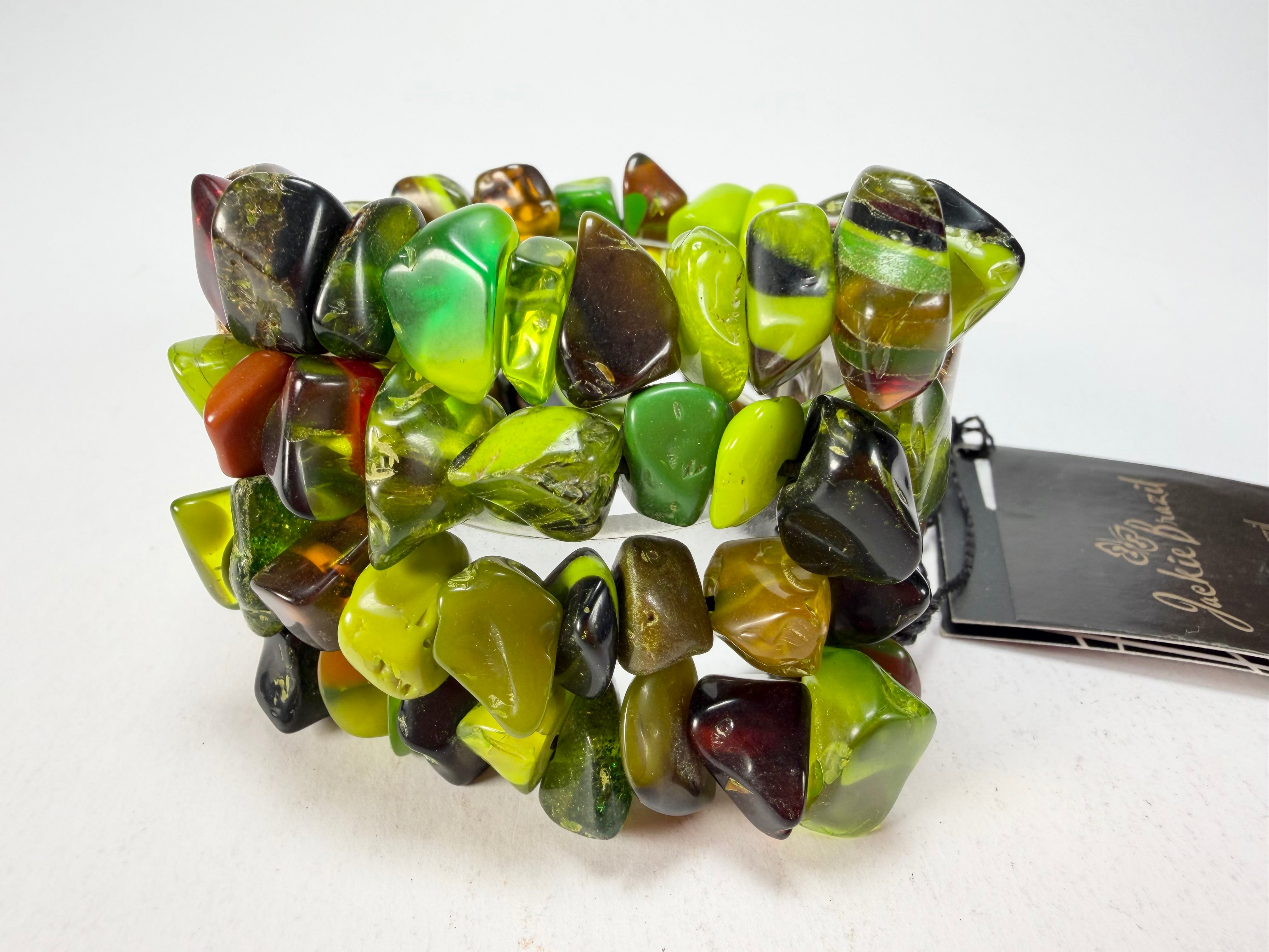 Jackie Brazil "Orient Express" 3 & 4 Beaded Strands with Leaf Pendant Green Mix Resin Bracelet ( B3544 )