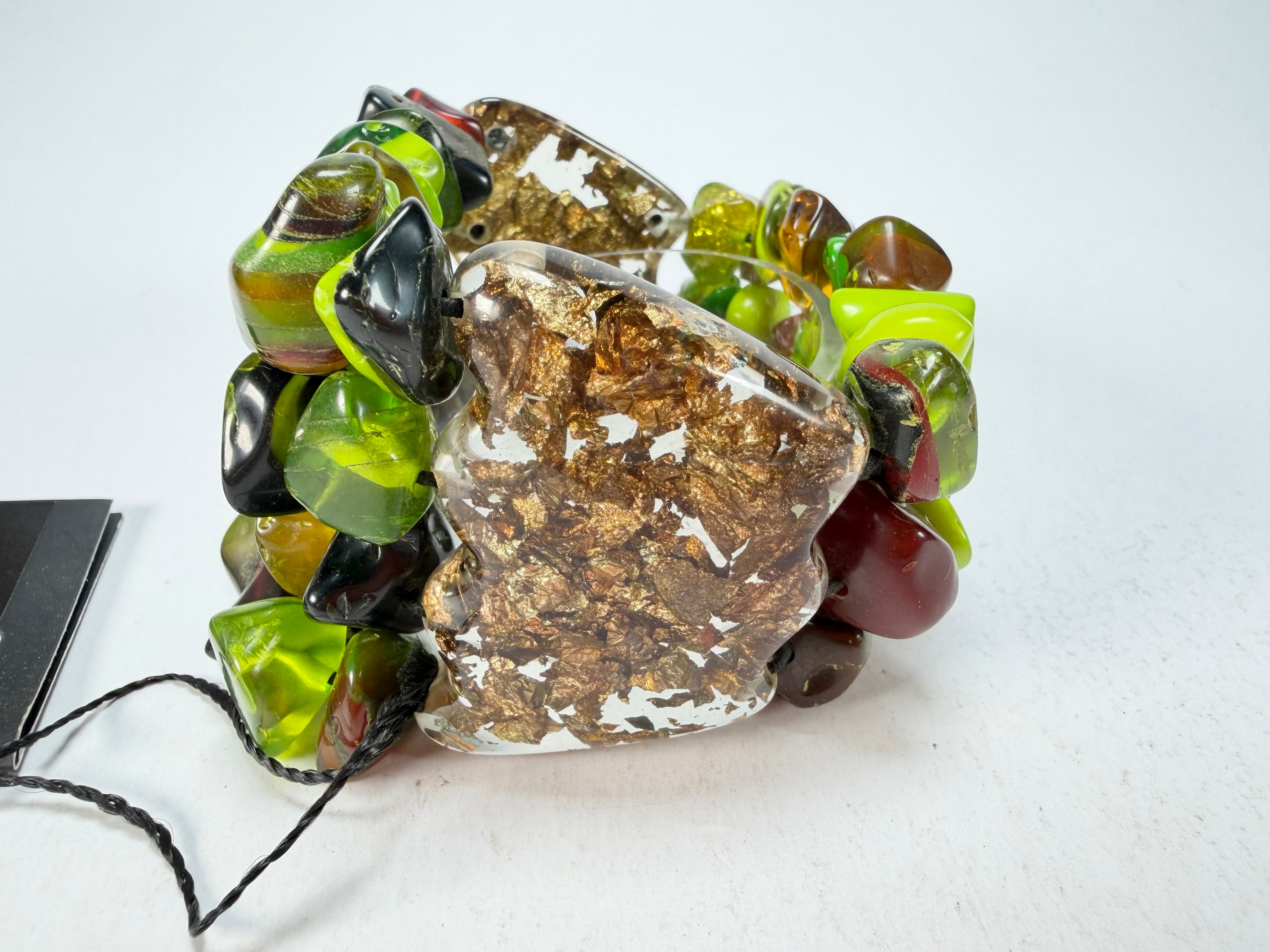 Jackie Brazil "Orient Express" 3 & 4 Beaded Strands with Leaf Pendant Green Mix Resin Bracelet ( B3544 )