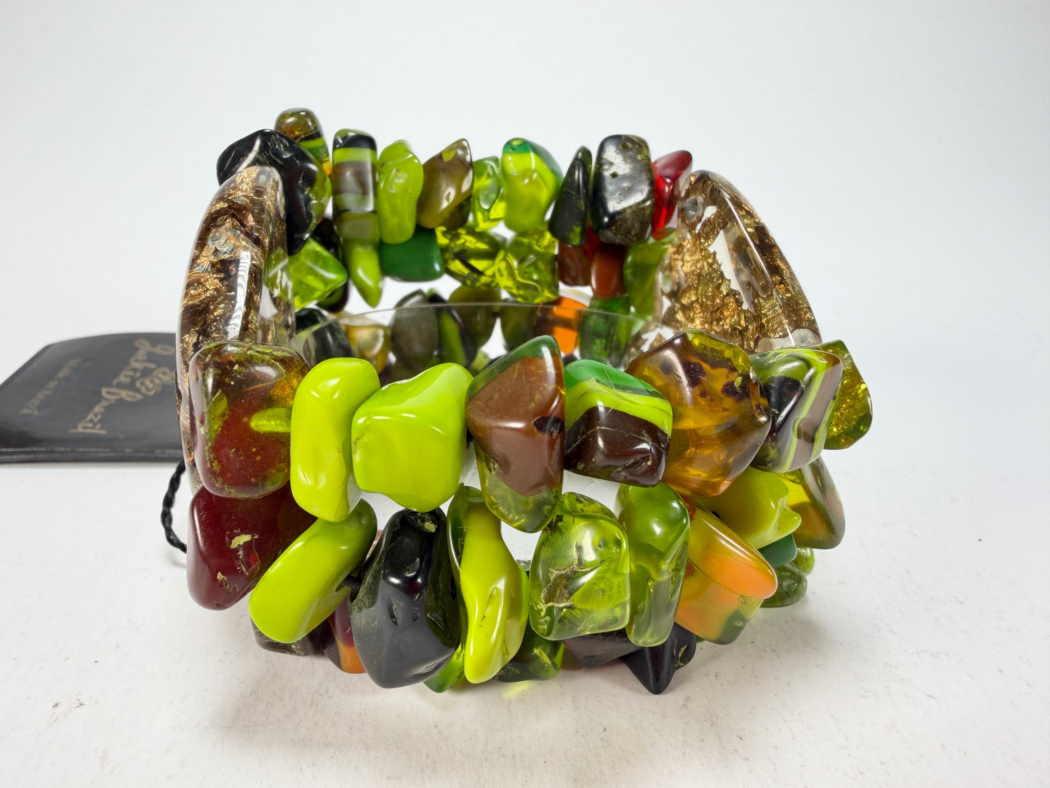 Jackie Brazil "Orient Express" 3 & 4 Beaded Strands with Leaf Pendant Green Mix Resin Bracelet ( B3544 )