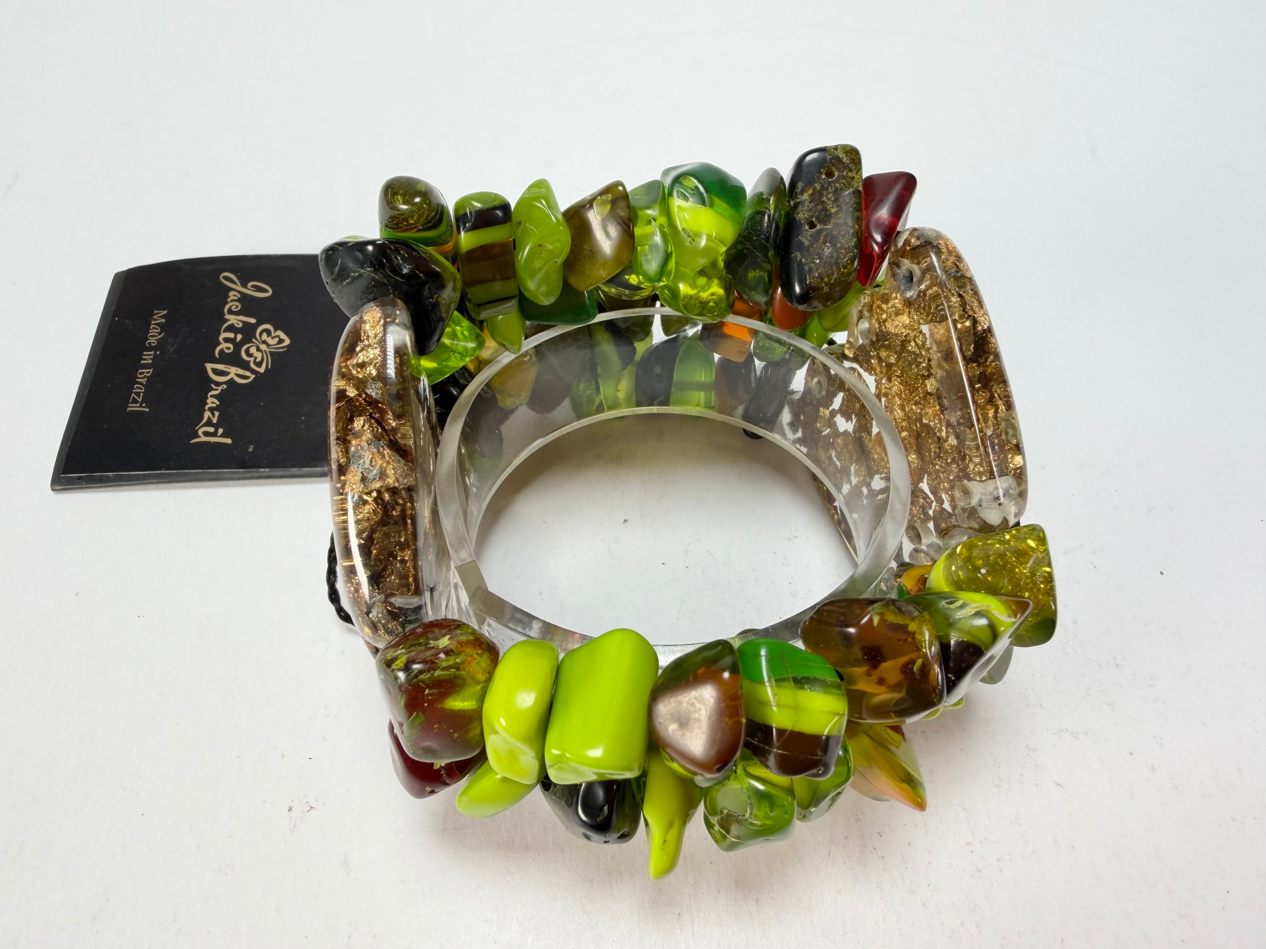 Jackie Brazil "Orient Express" 3 & 4 Beaded Strands with Leaf Pendant Green Mix Resin Bracelet ( B3544 )
