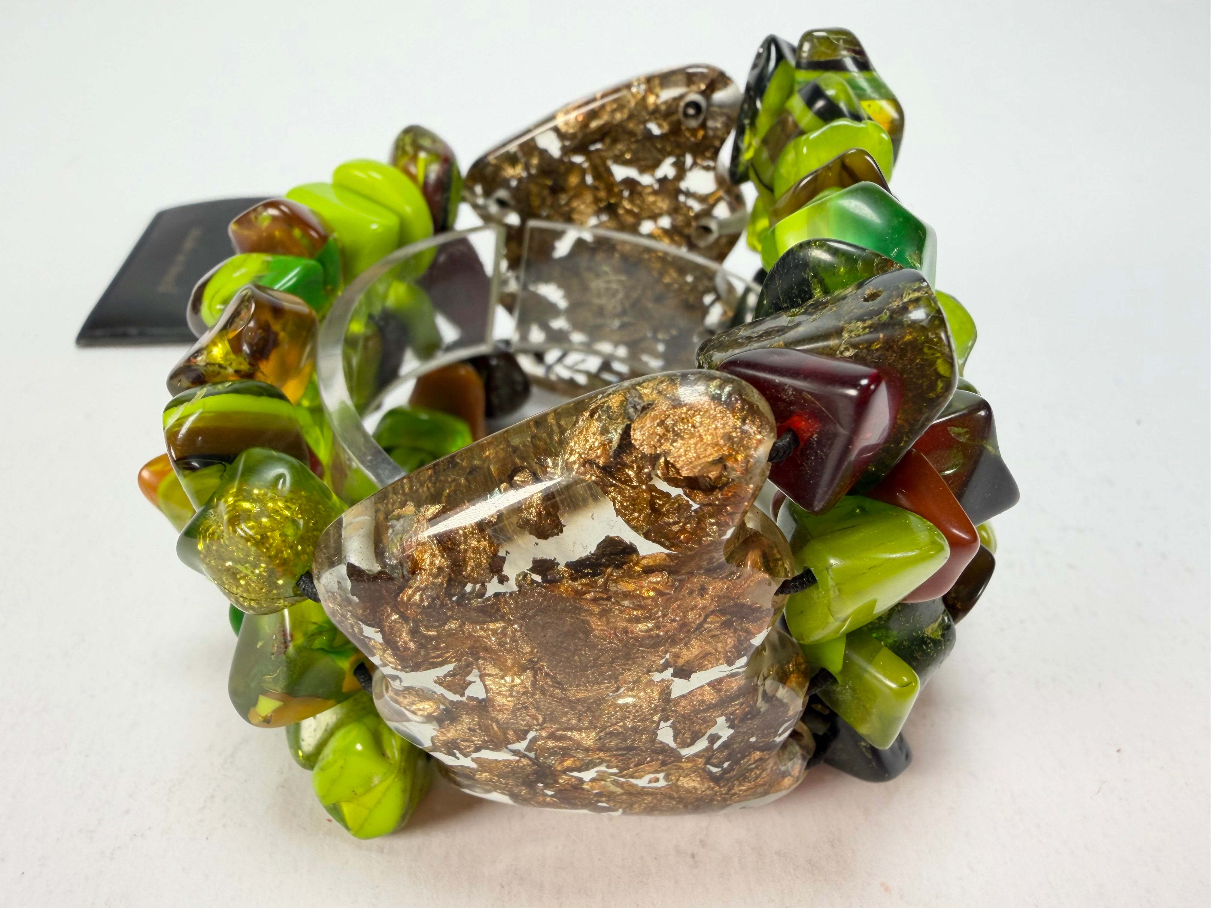 Jackie Brazil "Orient Express" 3 & 4 Beaded Strands with Leaf Pendant Green Mix Resin Bracelet ( B3544 )