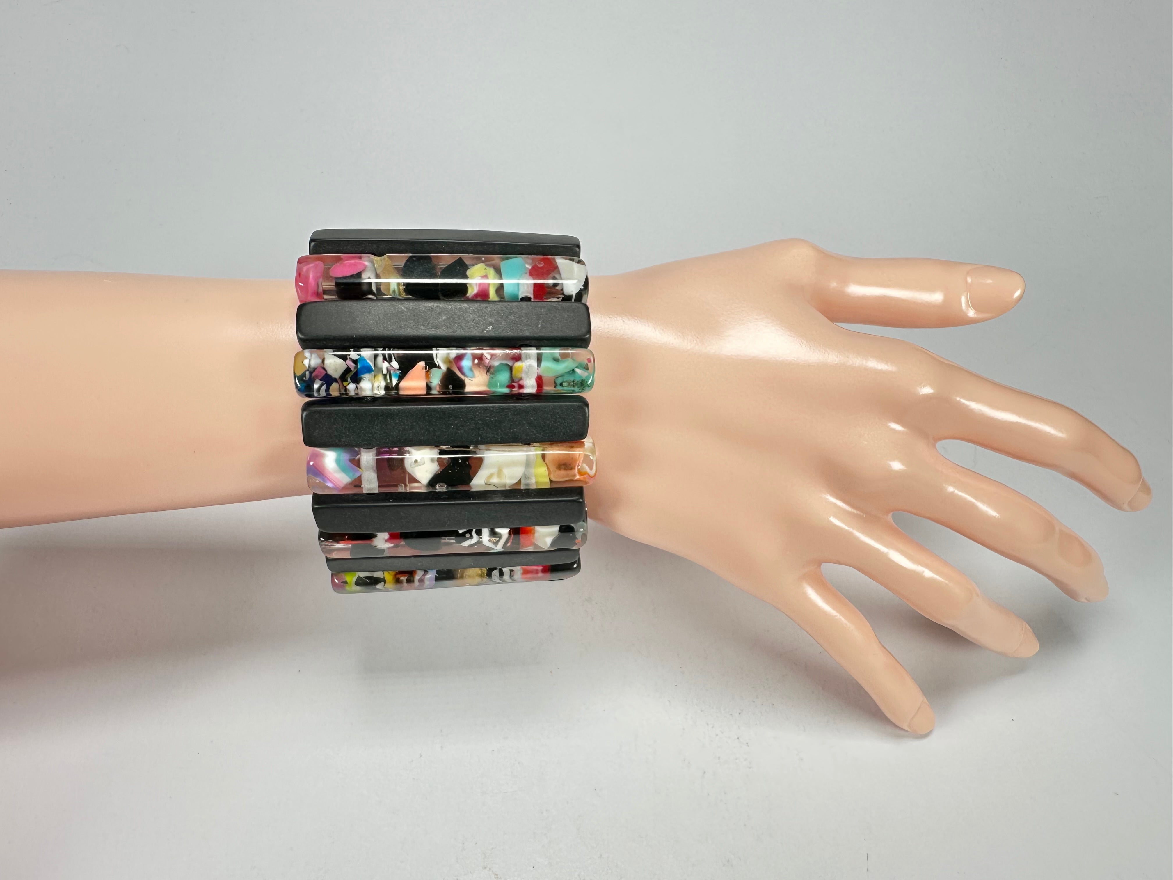 Jackie Brazil "Clarissa" Black & Cascade Thin Rectangles Elasticated Bracelet ( B2335 )