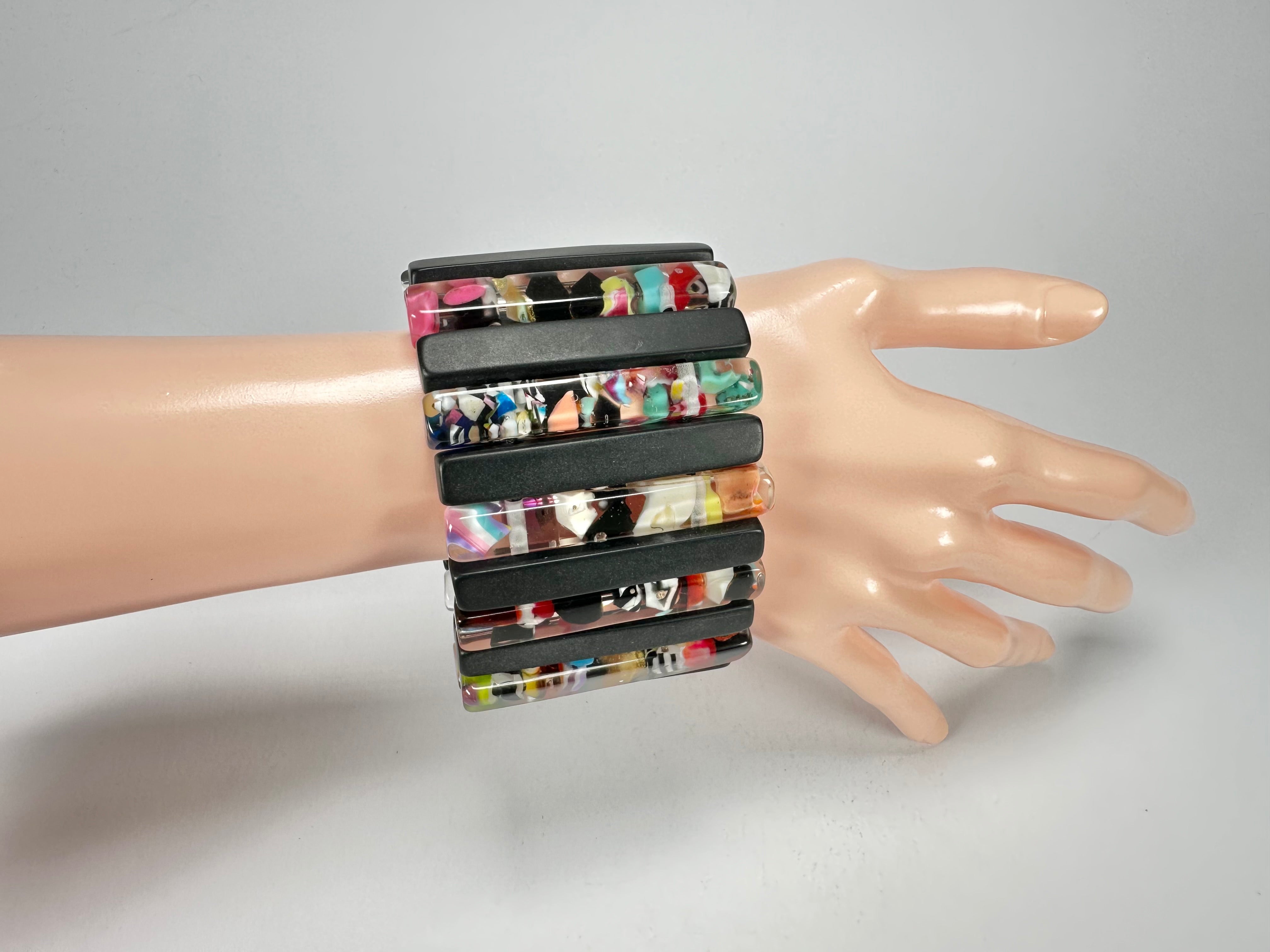 Jackie Brazil "Clarissa" Black & Cascade Thin Rectangles Elasticated Bracelet ( B2335 )