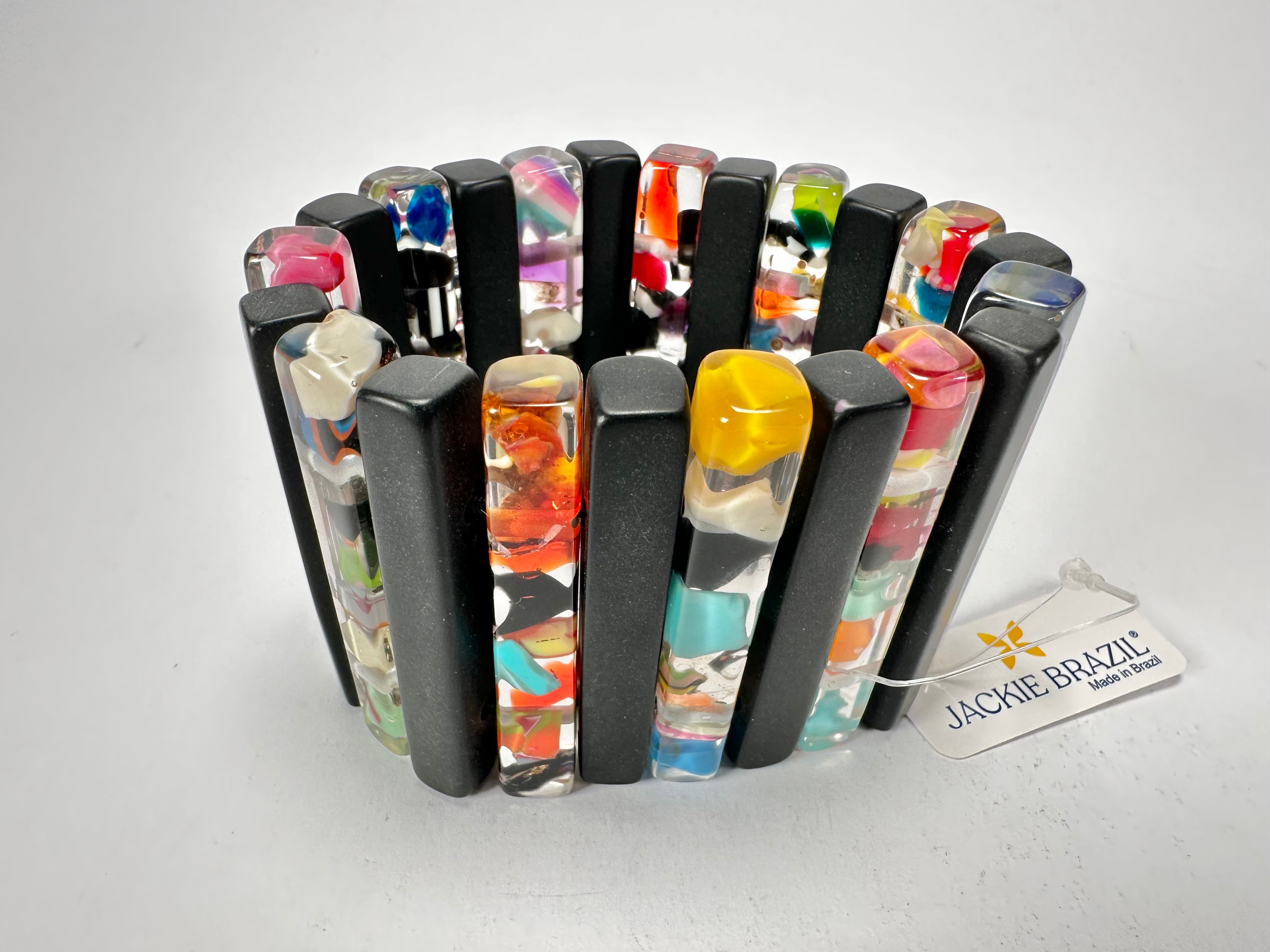 Jackie Brazil "Clarissa" Black & Cascade Thin Rectangles Elasticated Bracelet ( B2335 )