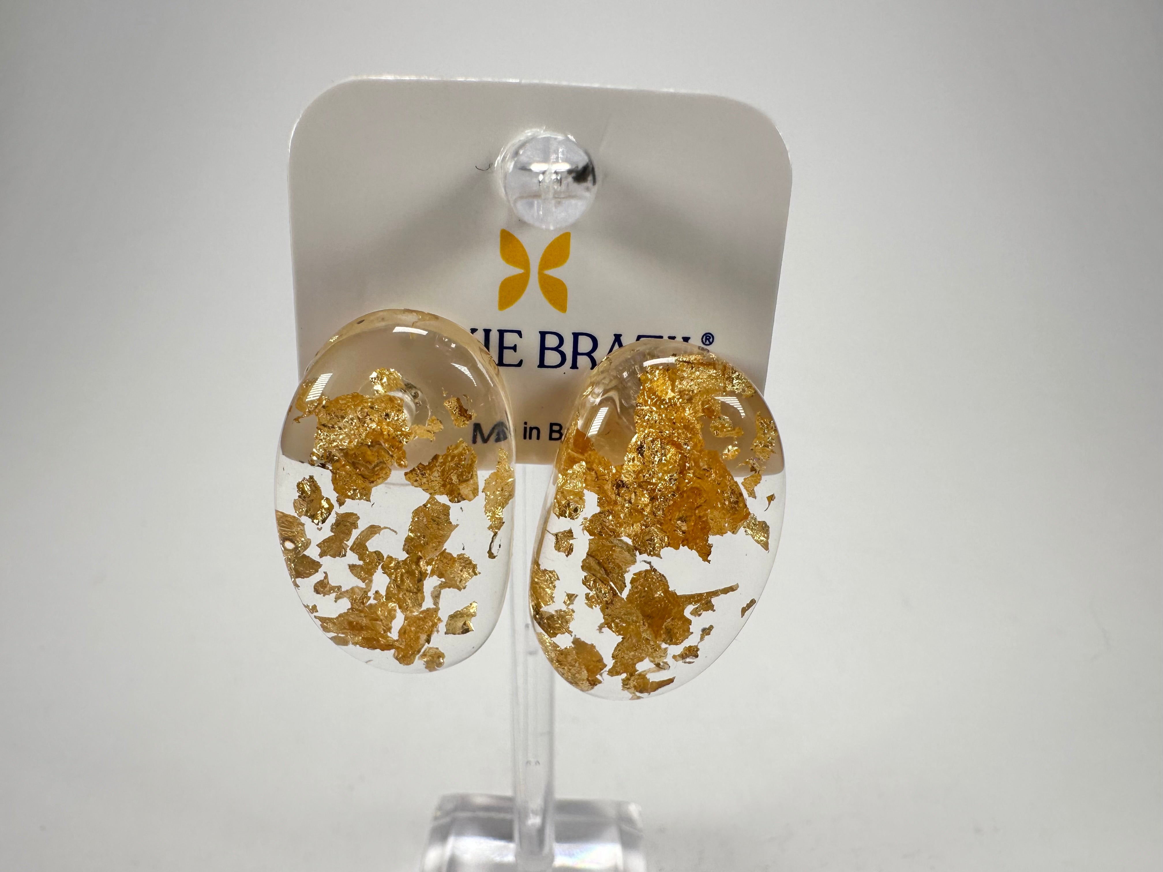 Jackie Brazil "Oval" Gold Flakes Single Stone Pendant Stud Resin Earrings ( E3608 )