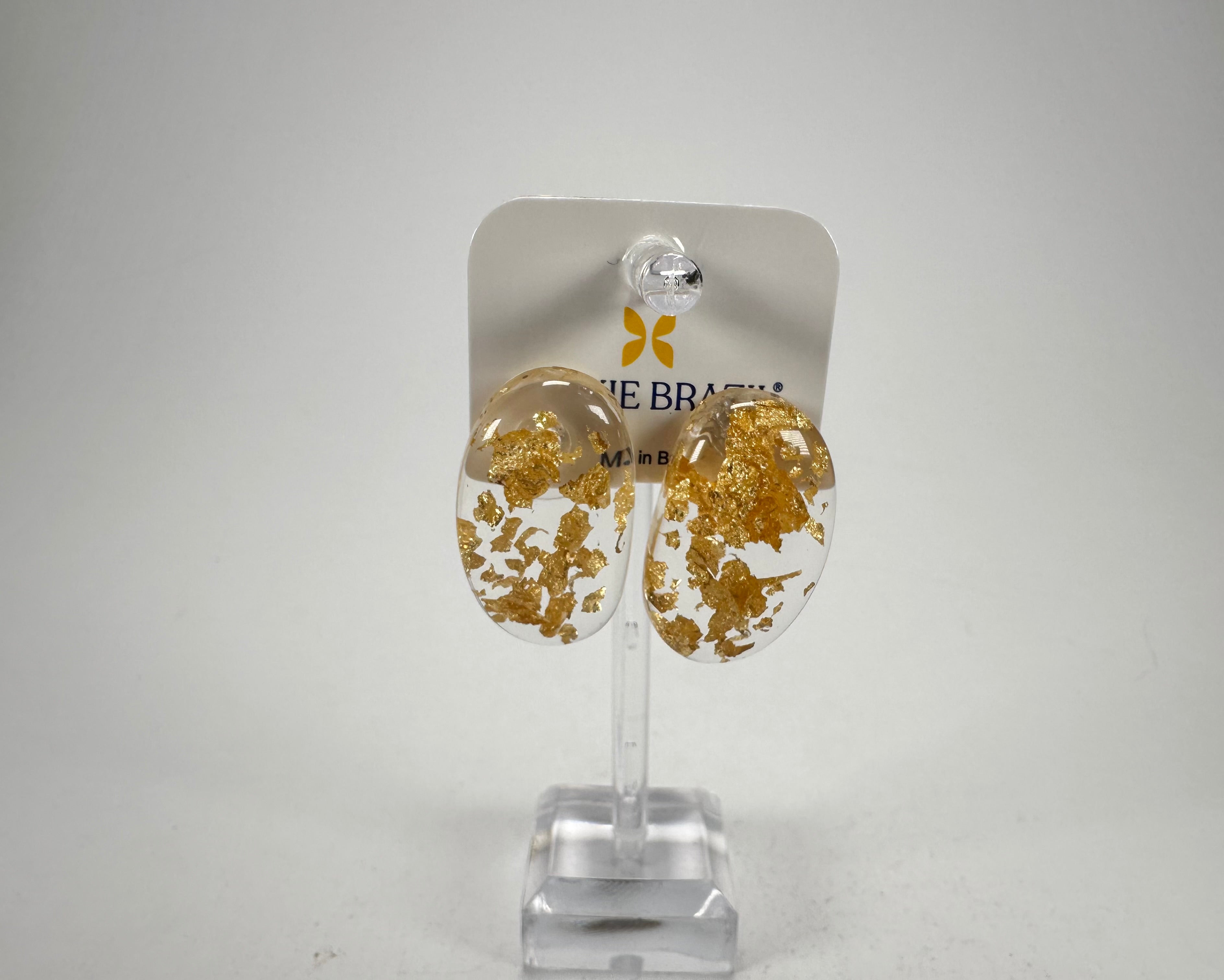 Jackie Brazil "Oval" Gold Flakes Single Stone Pendant Stud Resin Earrings ( E3608 )