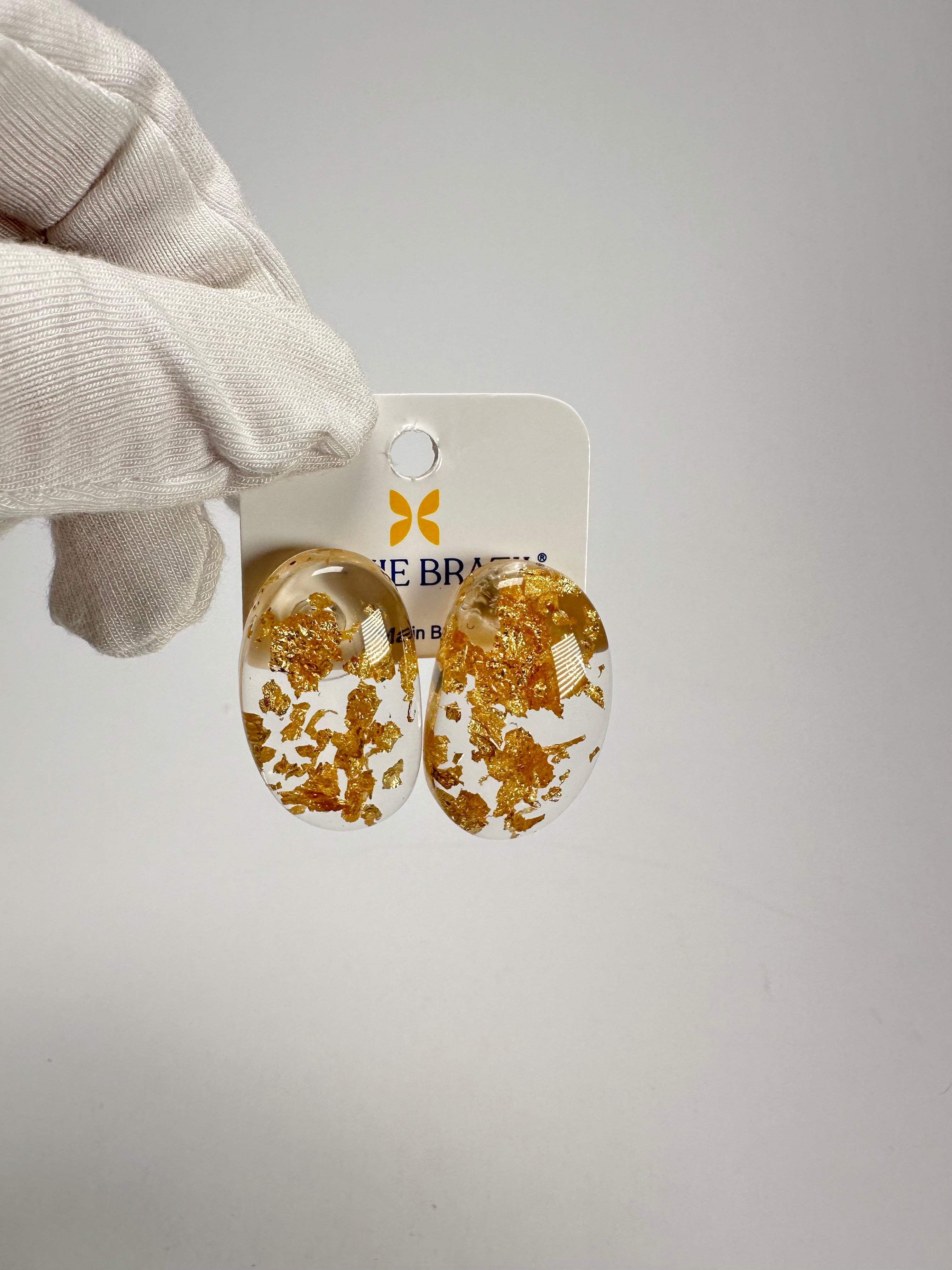 Jackie Brazil "Oval" Gold Flakes Single Stone Pendant Stud Resin Earrings ( E3608 )