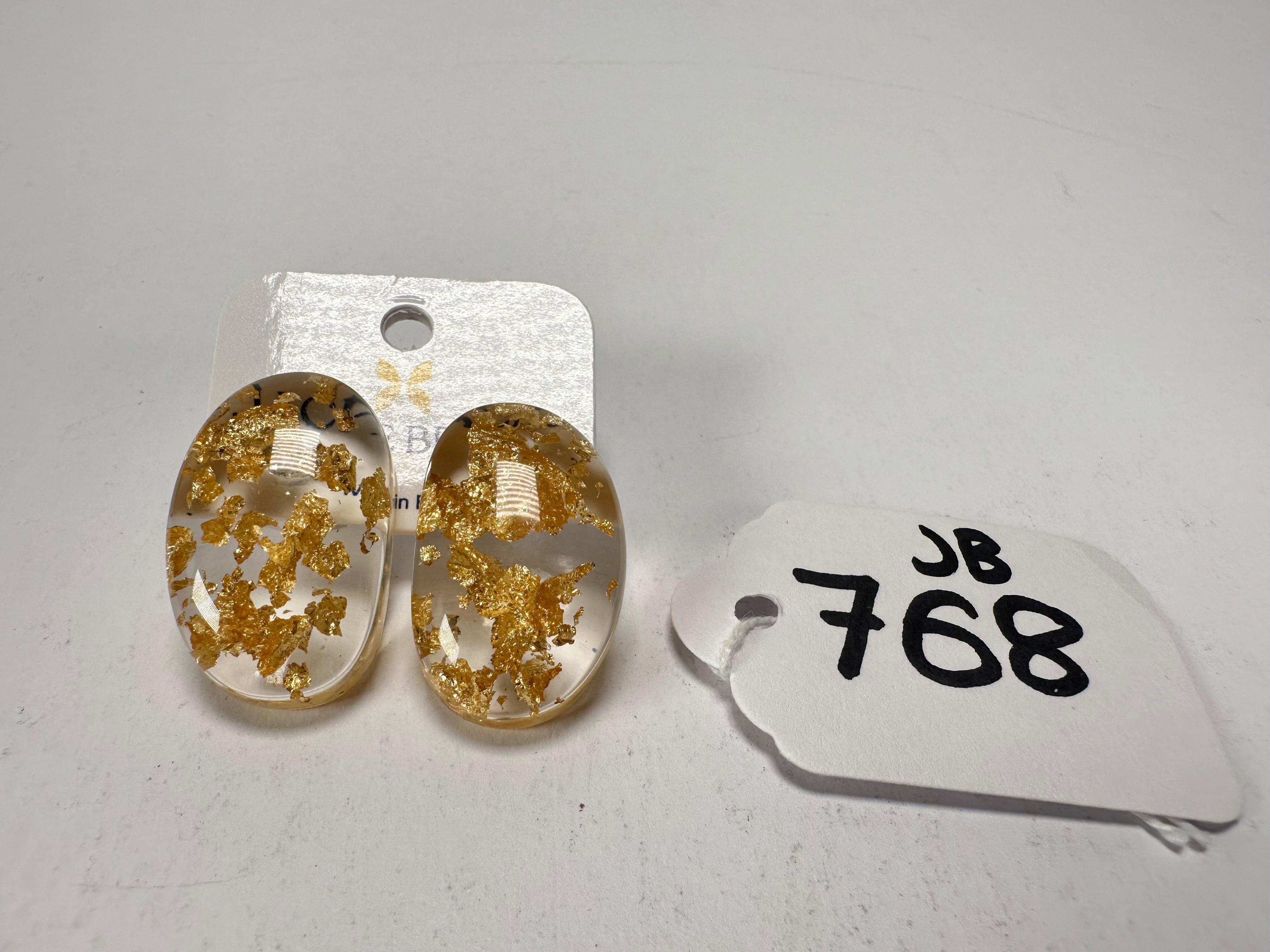 Jackie Brazil "Oval" Gold Flakes Single Stone Pendant Stud Resin Earrings ( E3608 )