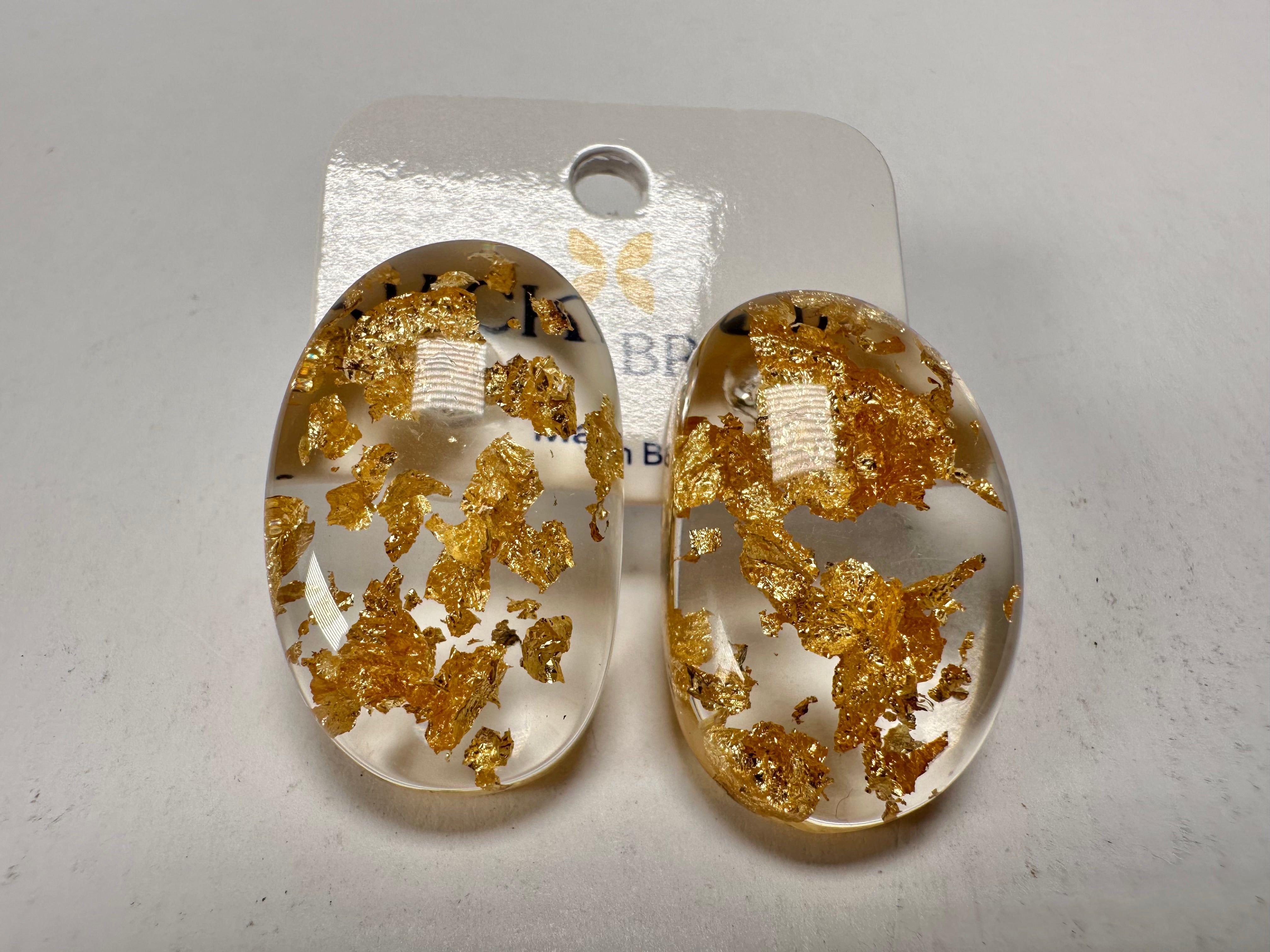 Jackie Brazil "Oval" Gold Flakes Single Stone Pendant Stud Resin Earrings ( E3608 )