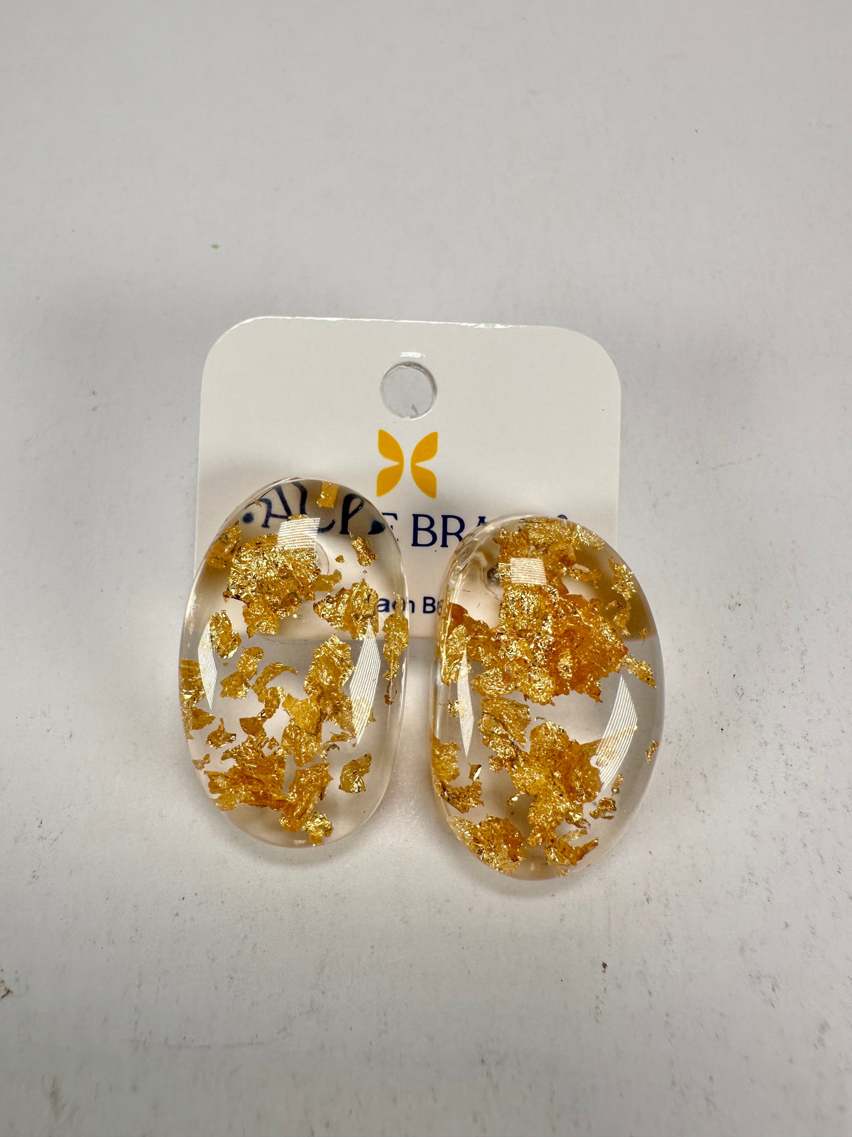 Jackie Brazil "Oval" Gold Flakes Single Stone Pendant Stud Resin Earrings ( E3608 )