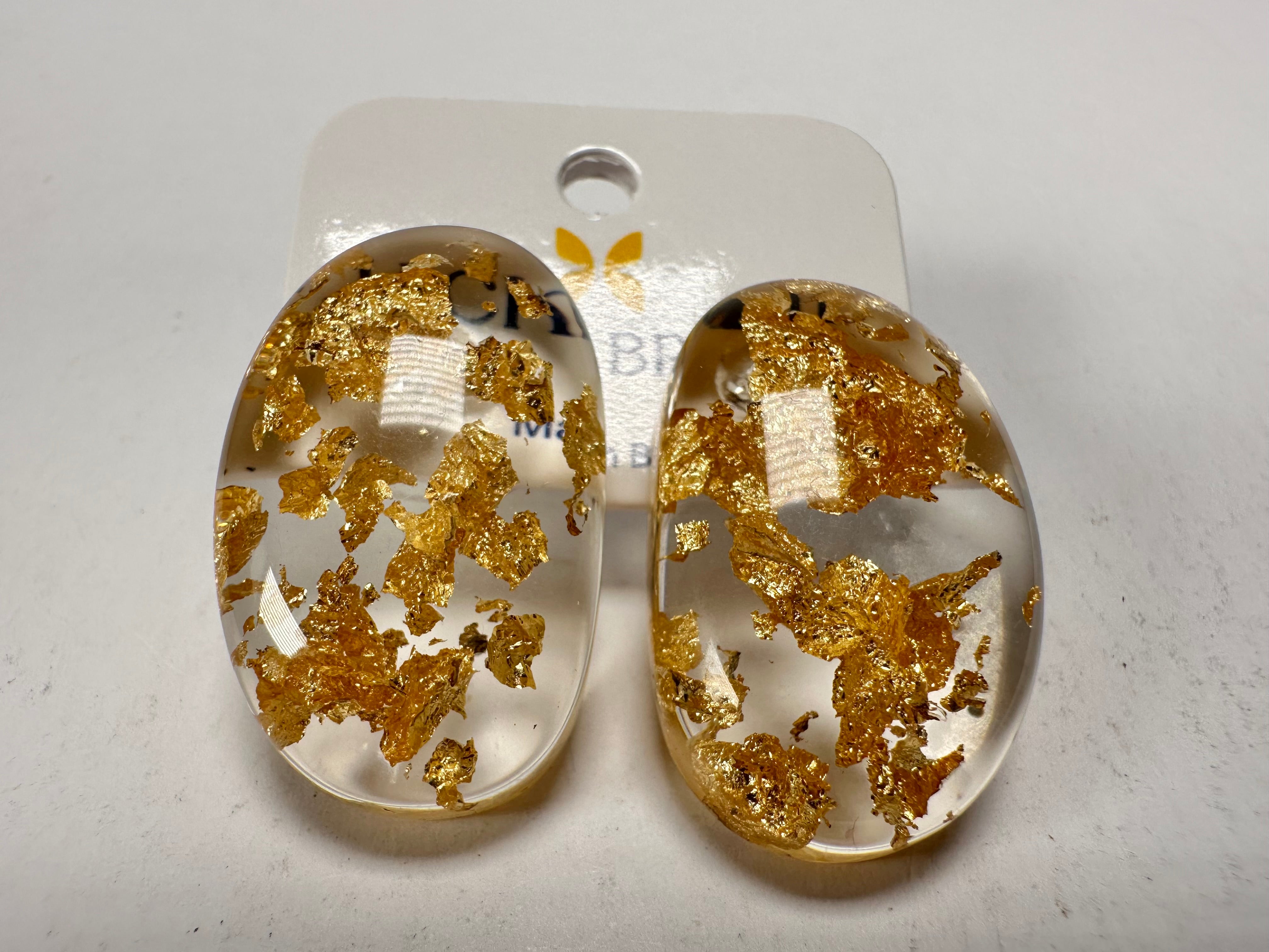 Jackie Brazil "Oval" Gold Flakes Single Stone Pendant Stud Resin Earrings ( E3608 )
