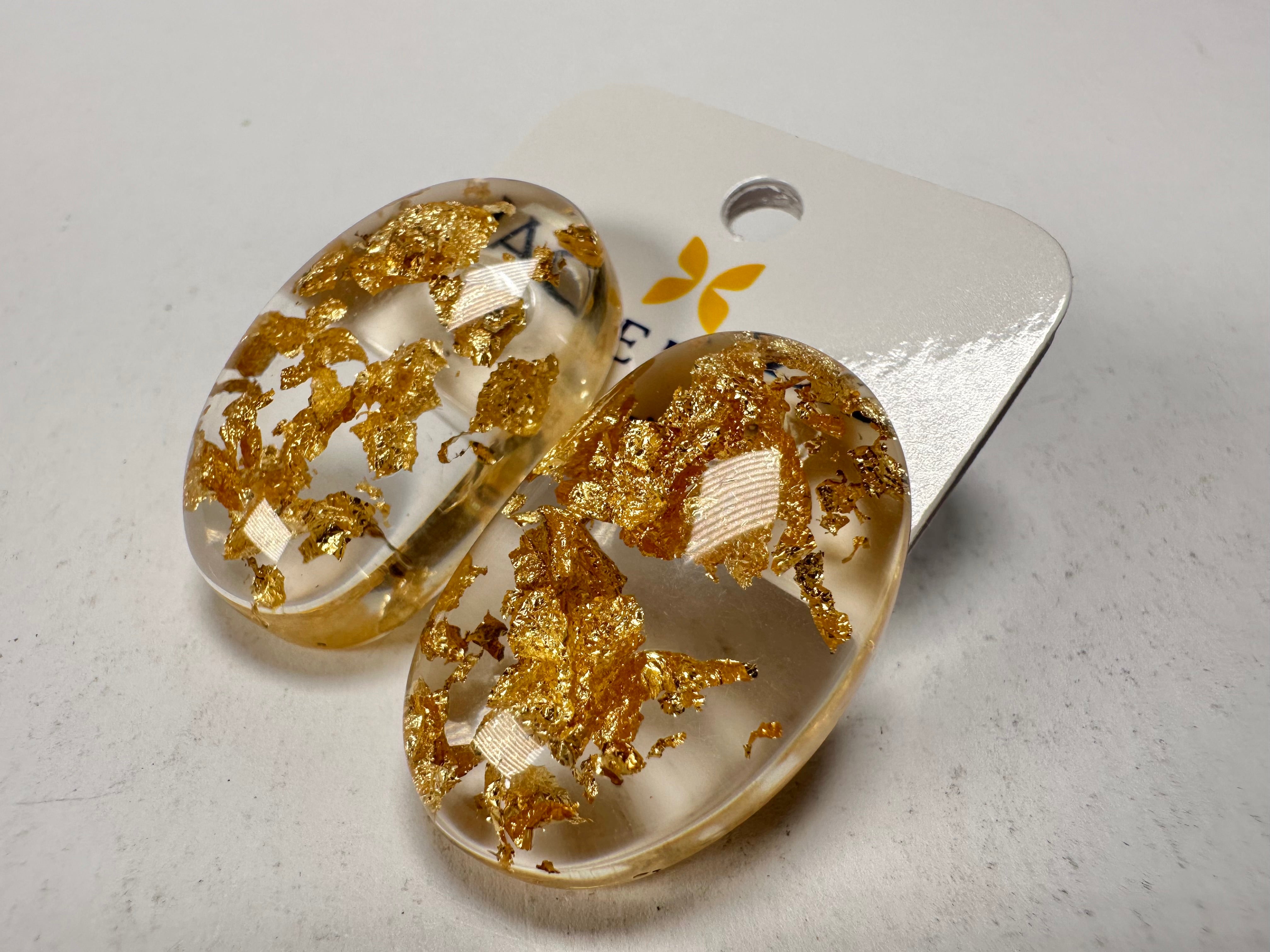 Jackie Brazil "Oval" Gold Flakes Single Stone Pendant Stud Resin Earrings ( E3608 )