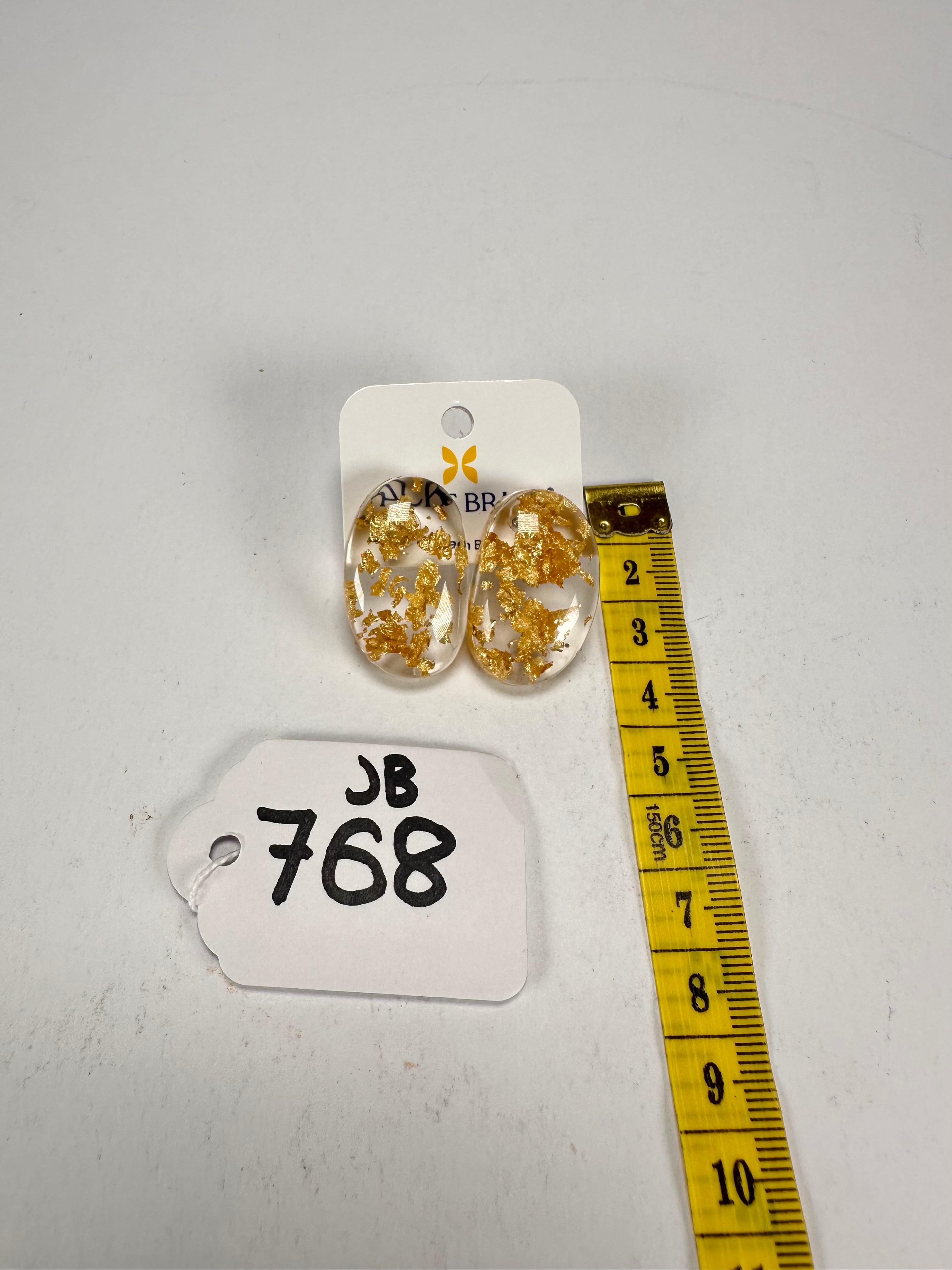 Jackie Brazil "Oval" Gold Flakes Single Stone Pendant Stud Resin Earrings ( E3608 )