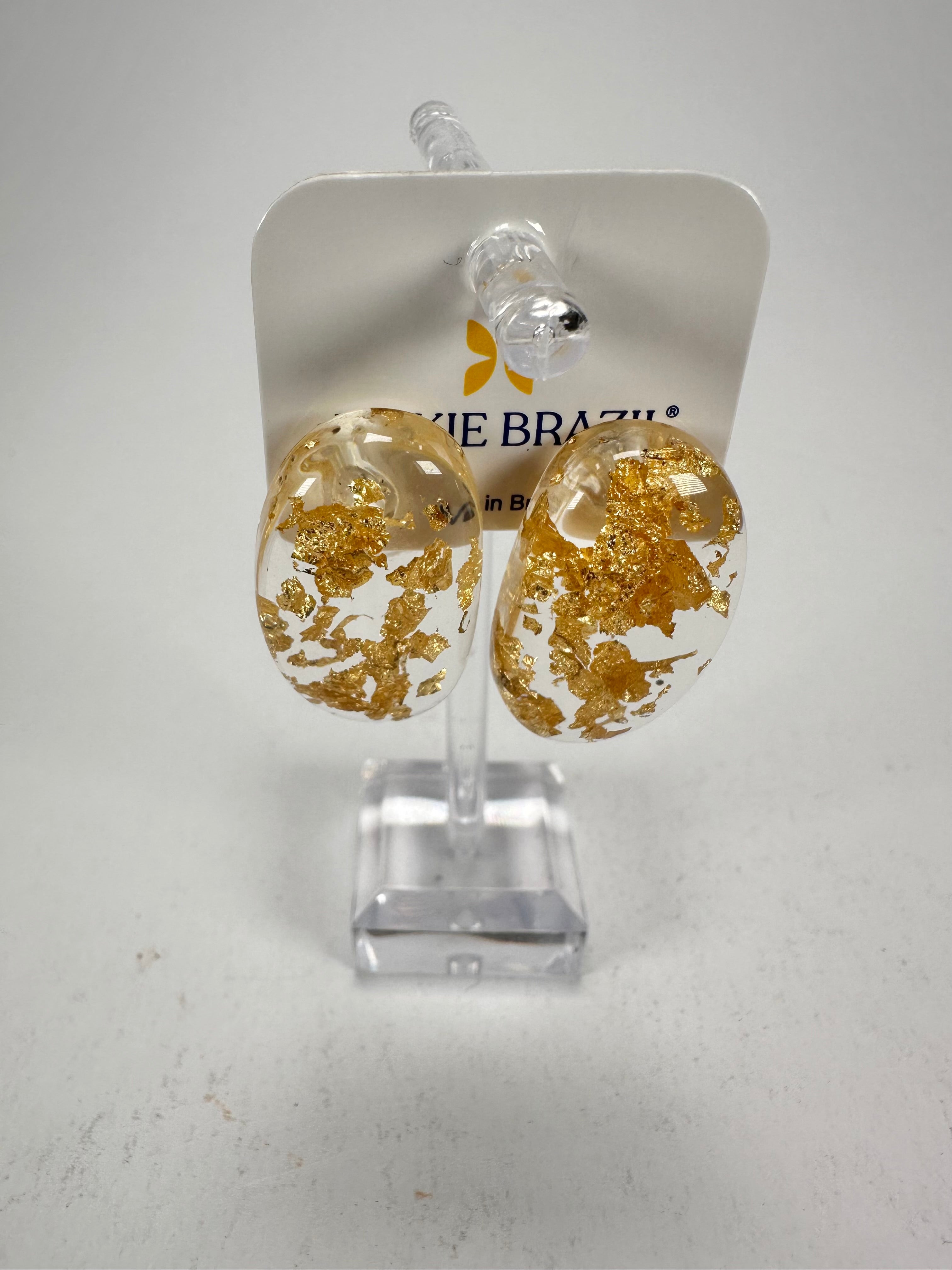 Jackie Brazil "Oval" Gold Flakes Single Stone Pendant Stud Resin Earrings ( E3608 )