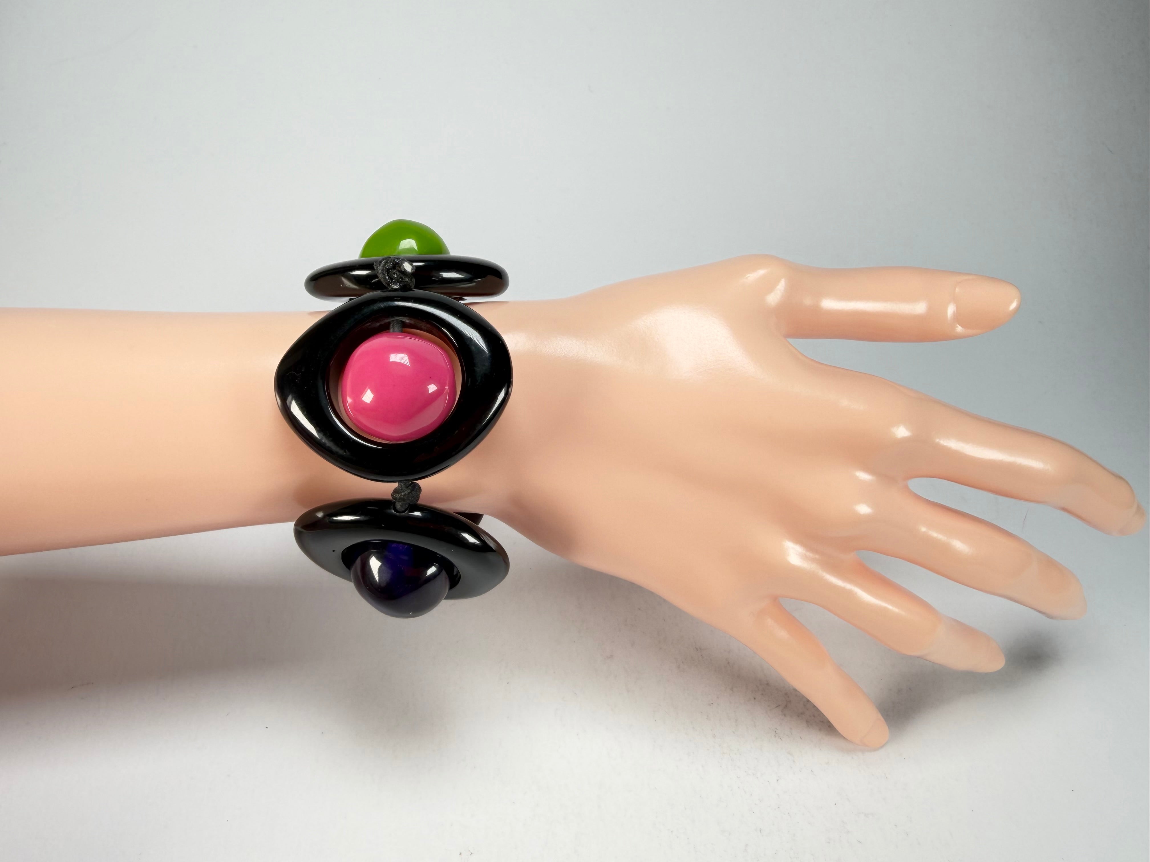 Jackie Brazil "Saturn" Black & Transparent Paris Mix Disc & Ball Elastic Bracelet ( B0052 )
