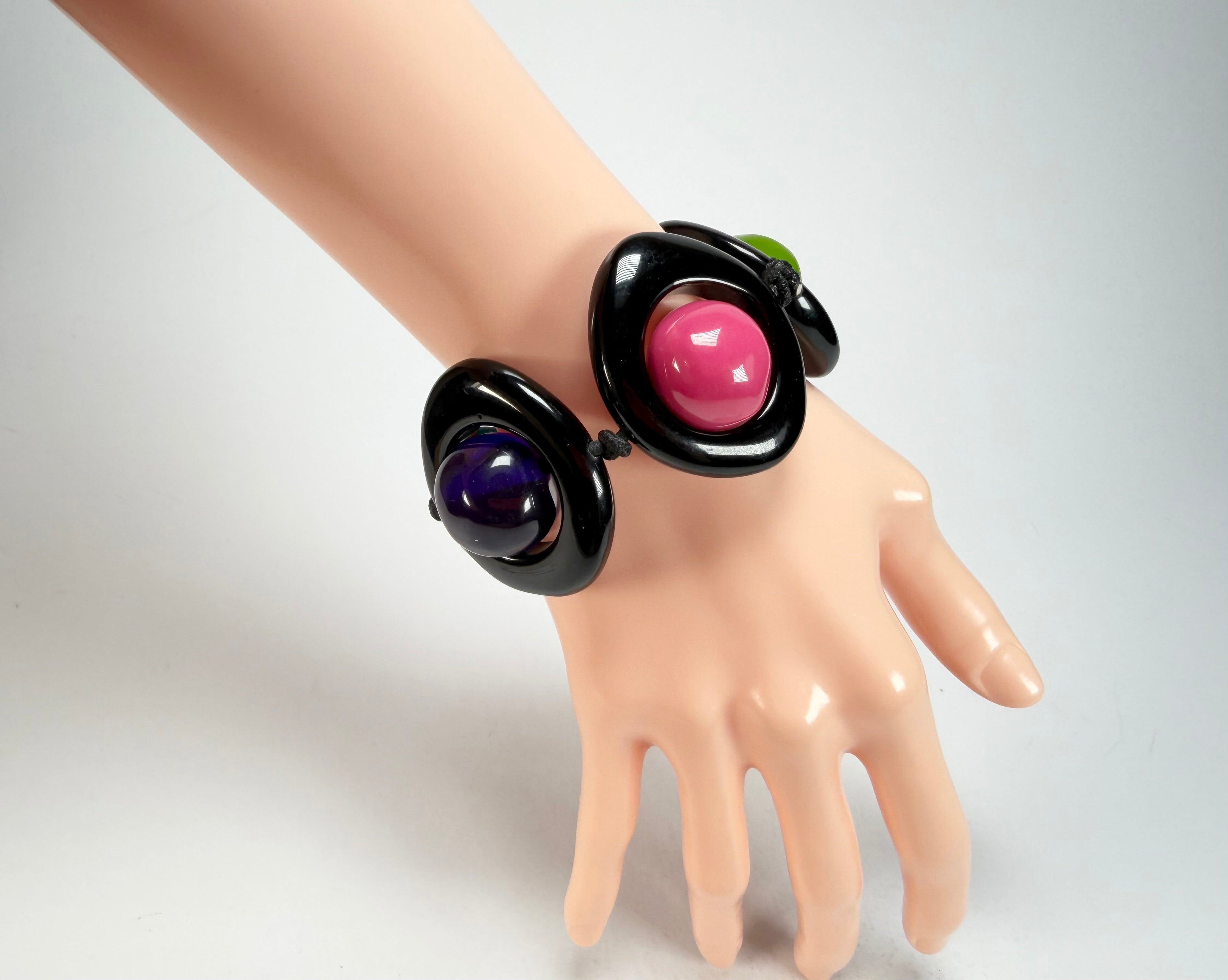 Jackie Brazil "Saturn" Black & Transparent Paris Mix Disc & Ball Elastic Bracelet ( B0052 )