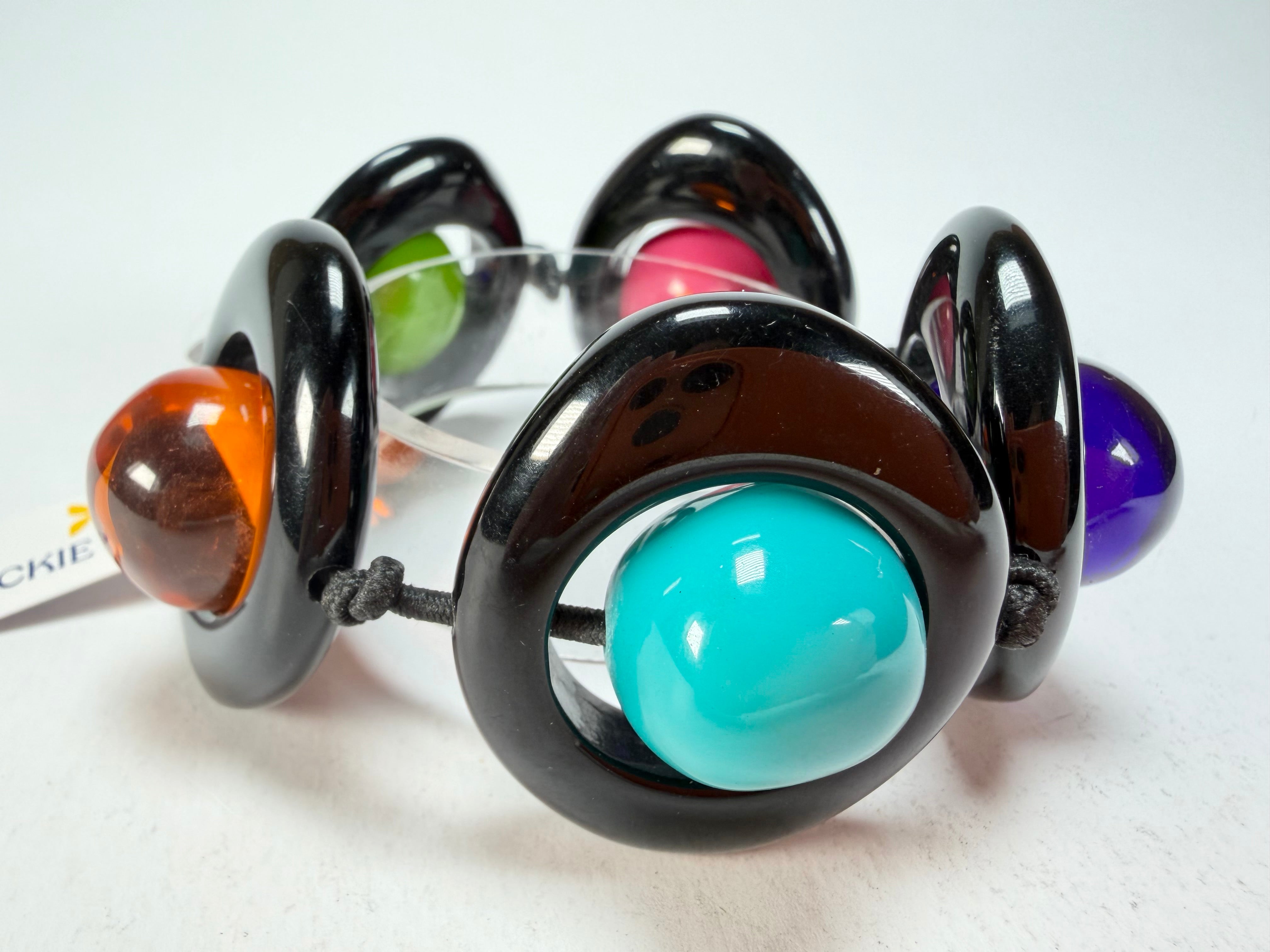 Jackie Brazil "Saturn" Black & Transparent Paris Mix Disc & Ball Elastic Bracelet ( B0052 )