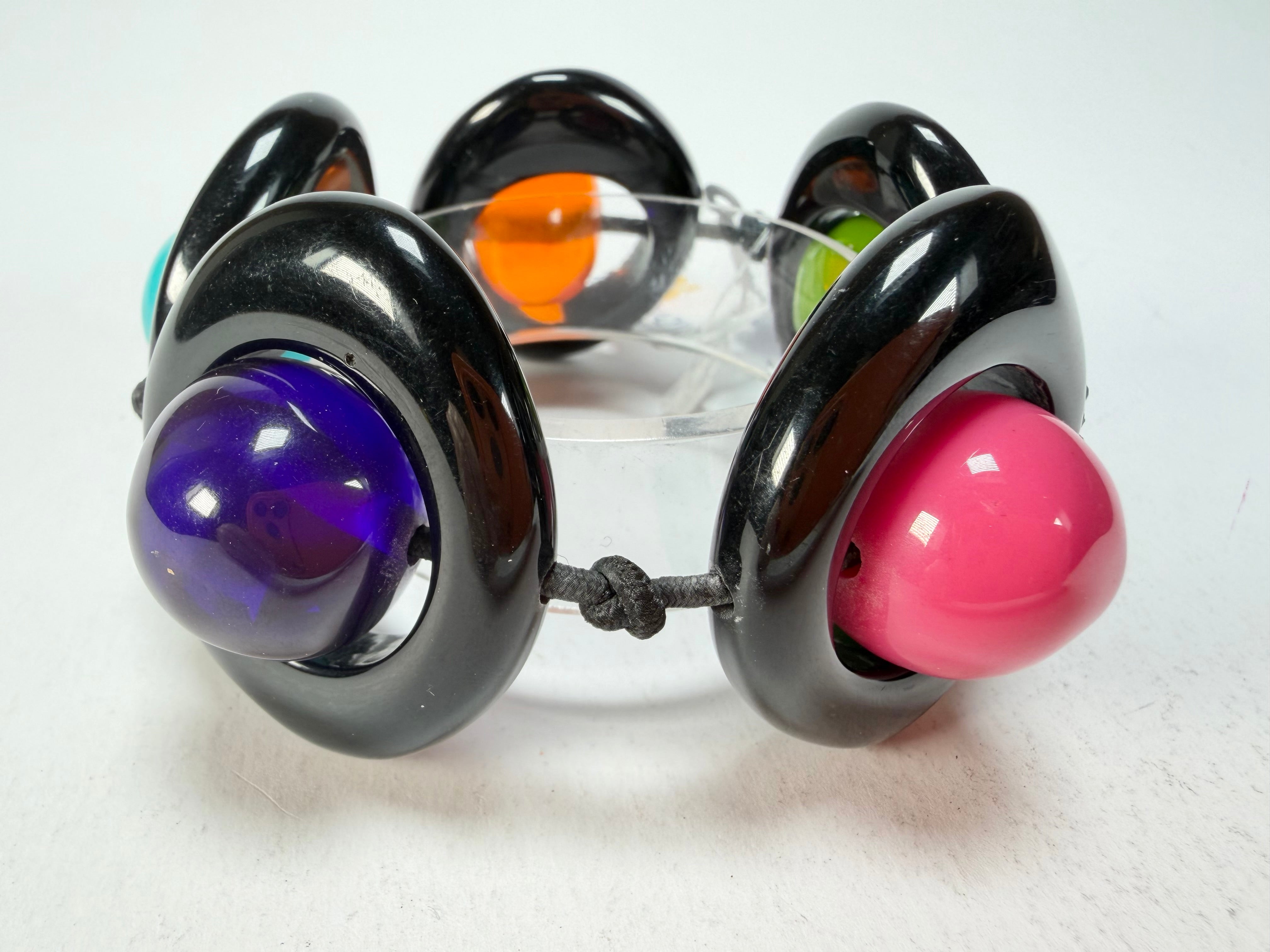 Jackie Brazil "Saturn" Black & Transparent Paris Mix Disc & Ball Elastic Bracelet ( B0052 )