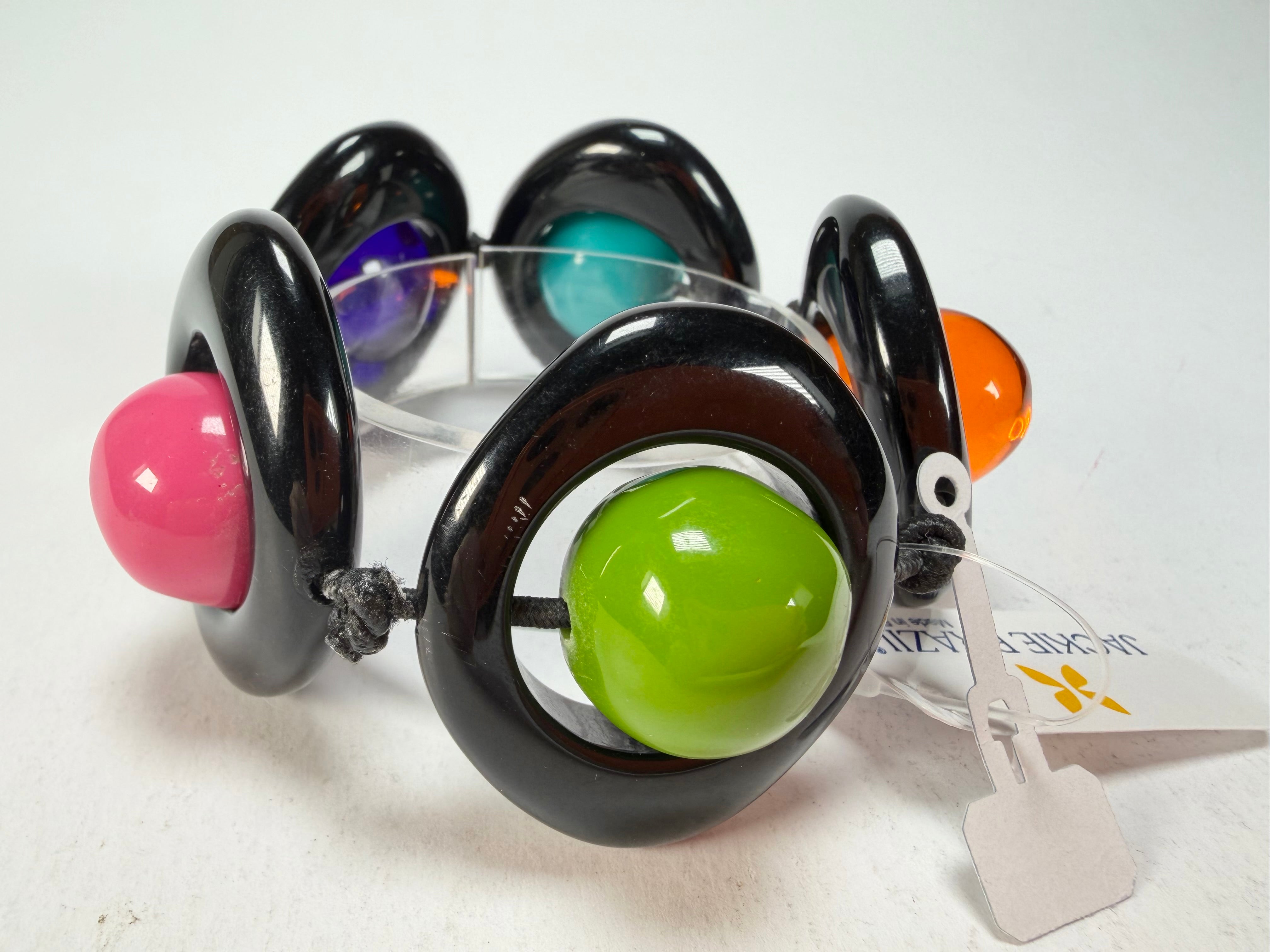 Jackie Brazil "Saturn" Black & Transparent Paris Mix Disc & Ball Elastic Bracelet ( B0052 )