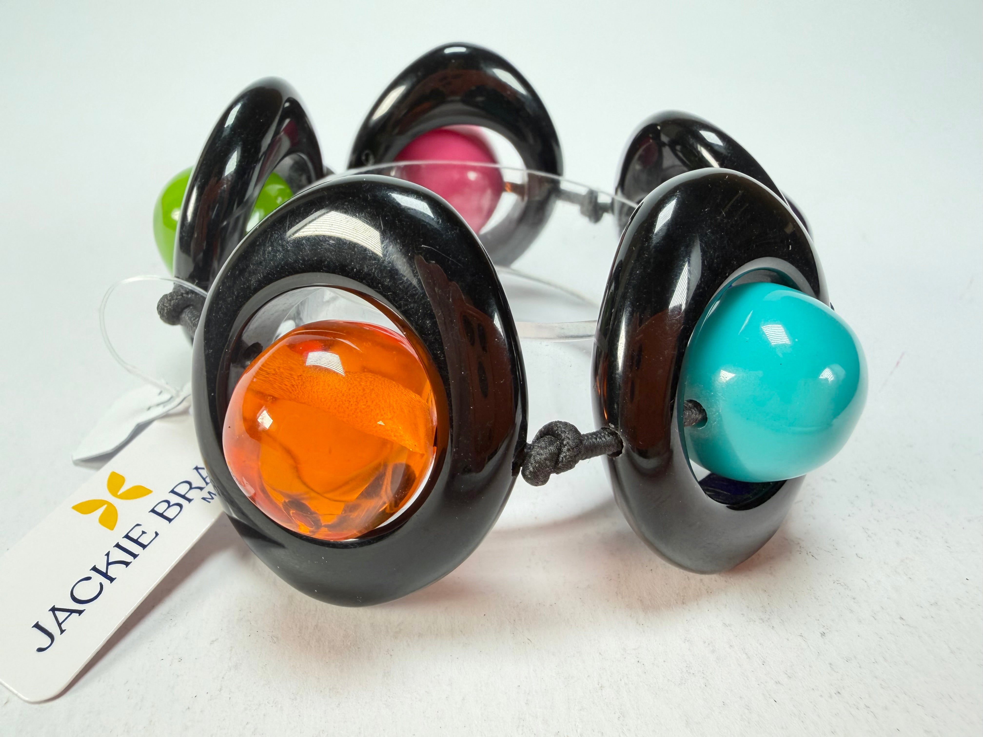 Jackie Brazil "Saturn" Black & Transparent Paris Mix Disc & Ball Elastic Bracelet ( B0052 )