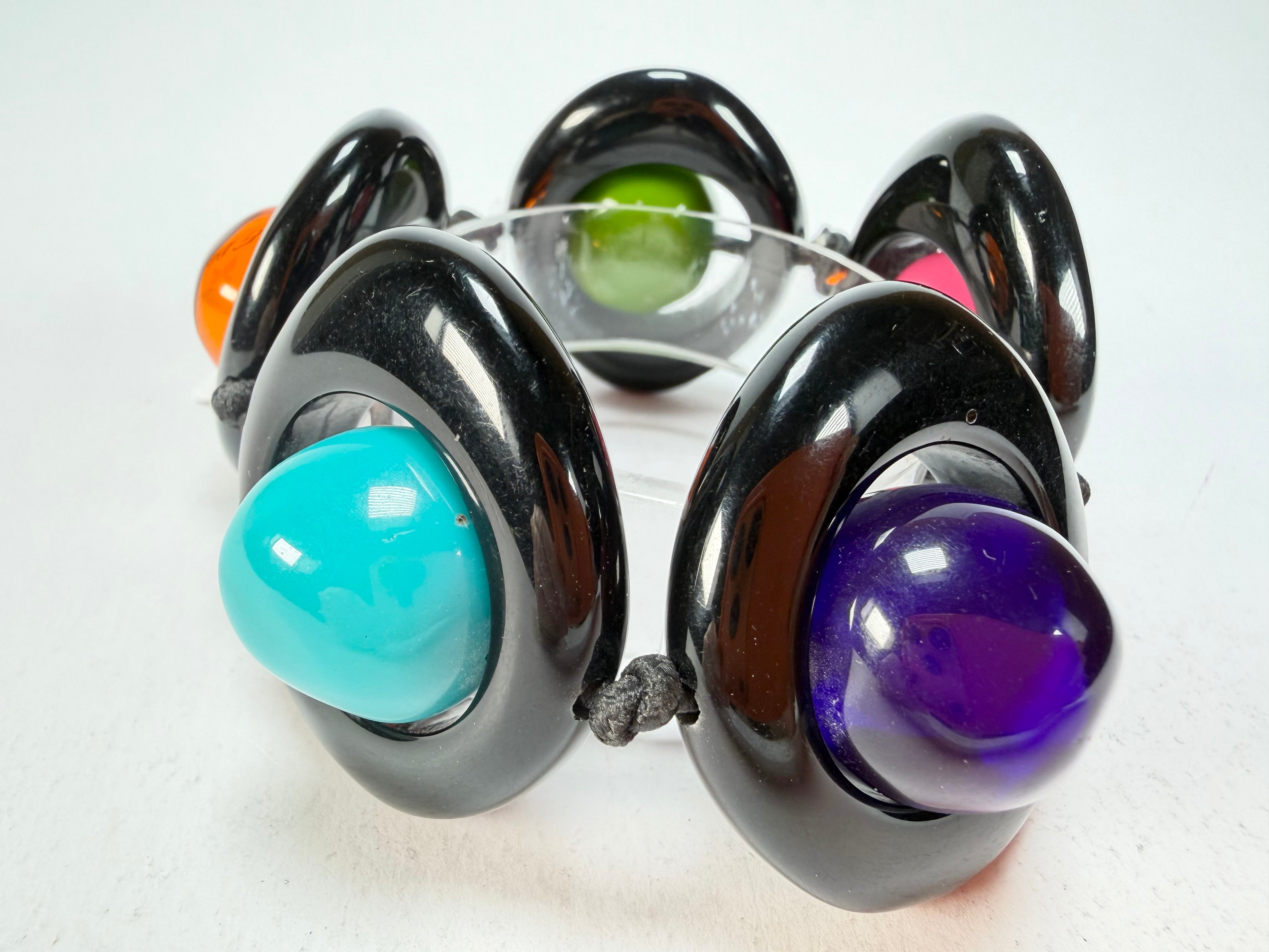 Jackie Brazil "Saturn" Black & Transparent Paris Mix Disc & Ball Elastic Bracelet ( B0052 )