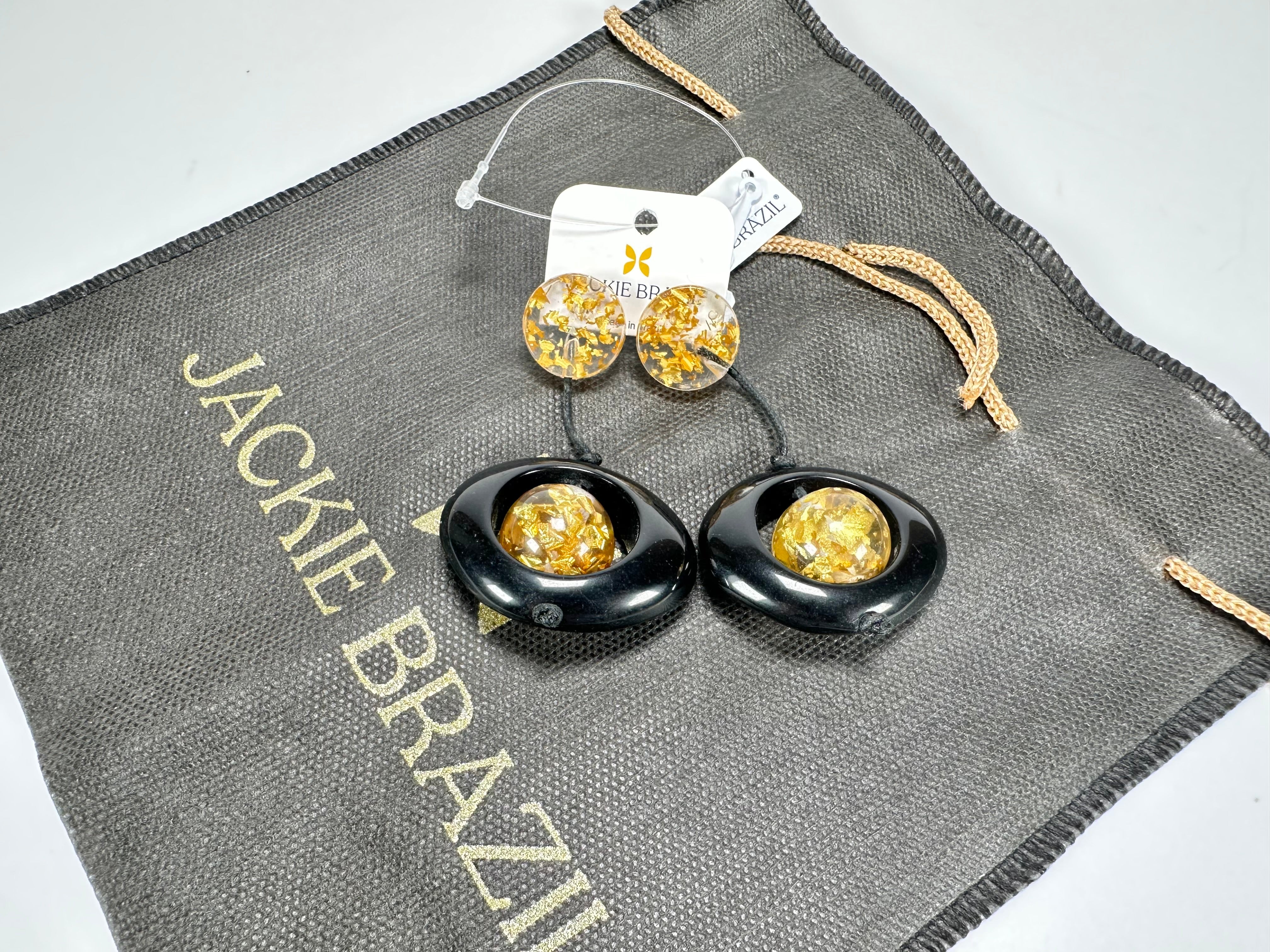 Jackie Brazil "Saturn" Black & Gold Flakes Disk & Ball on Cord Resin Earrings ( E0052 )