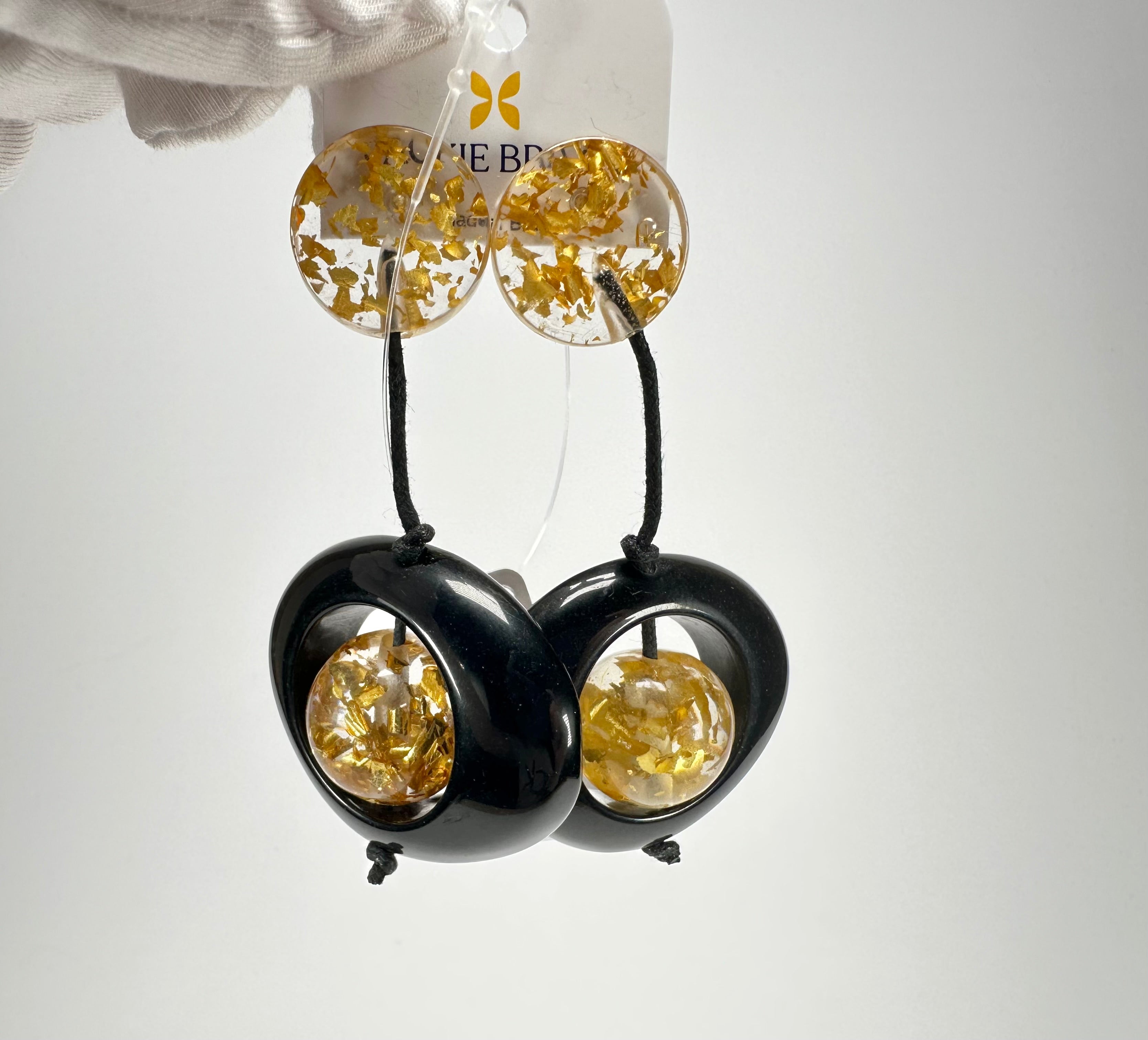 Jackie Brazil "Saturn" Black & Gold Flakes Disk & Ball on Cord Resin Earrings ( E0052 )