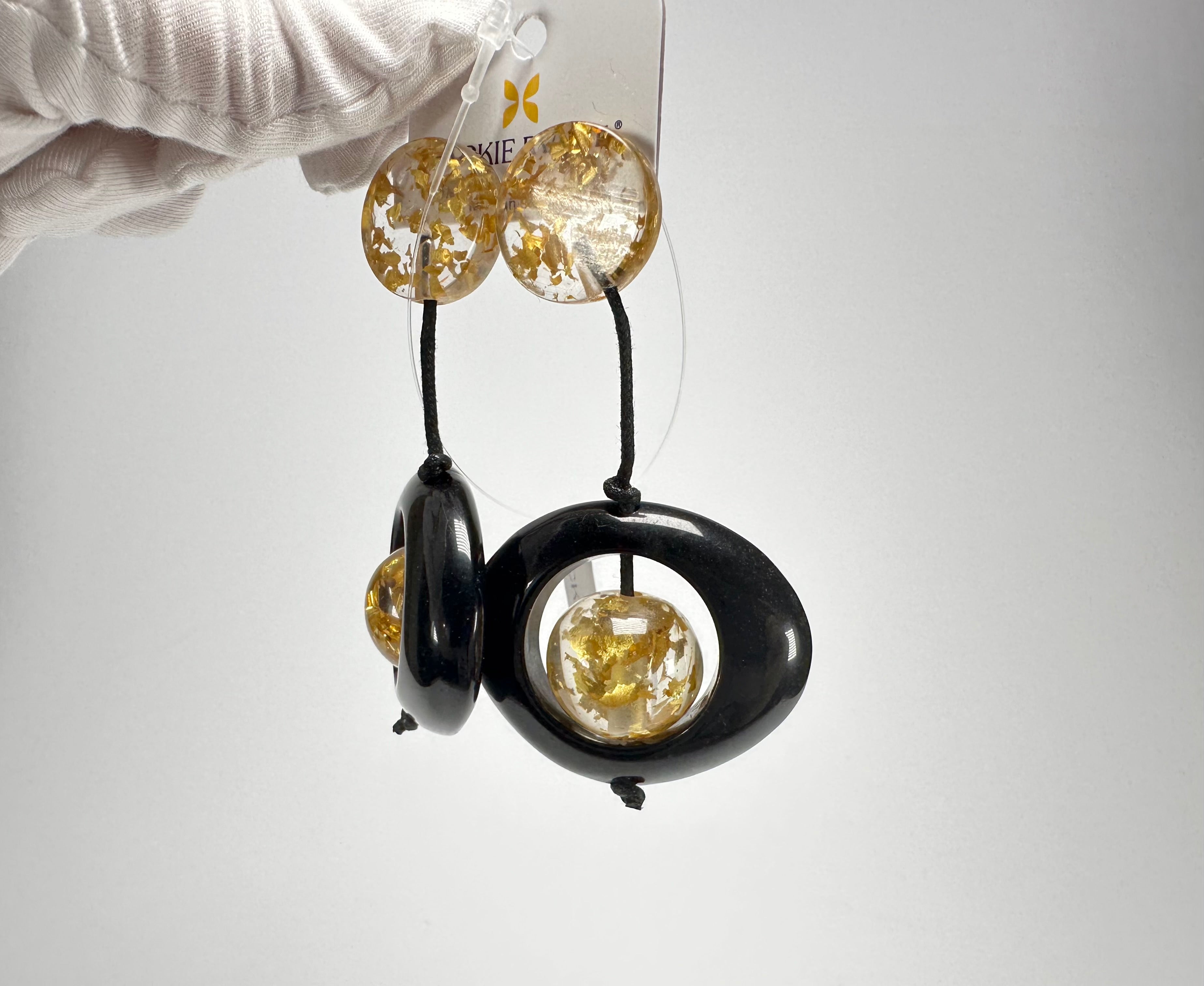 Jackie Brazil "Saturn" Black & Gold Flakes Disk & Ball on Cord Resin Earrings ( E0052 )