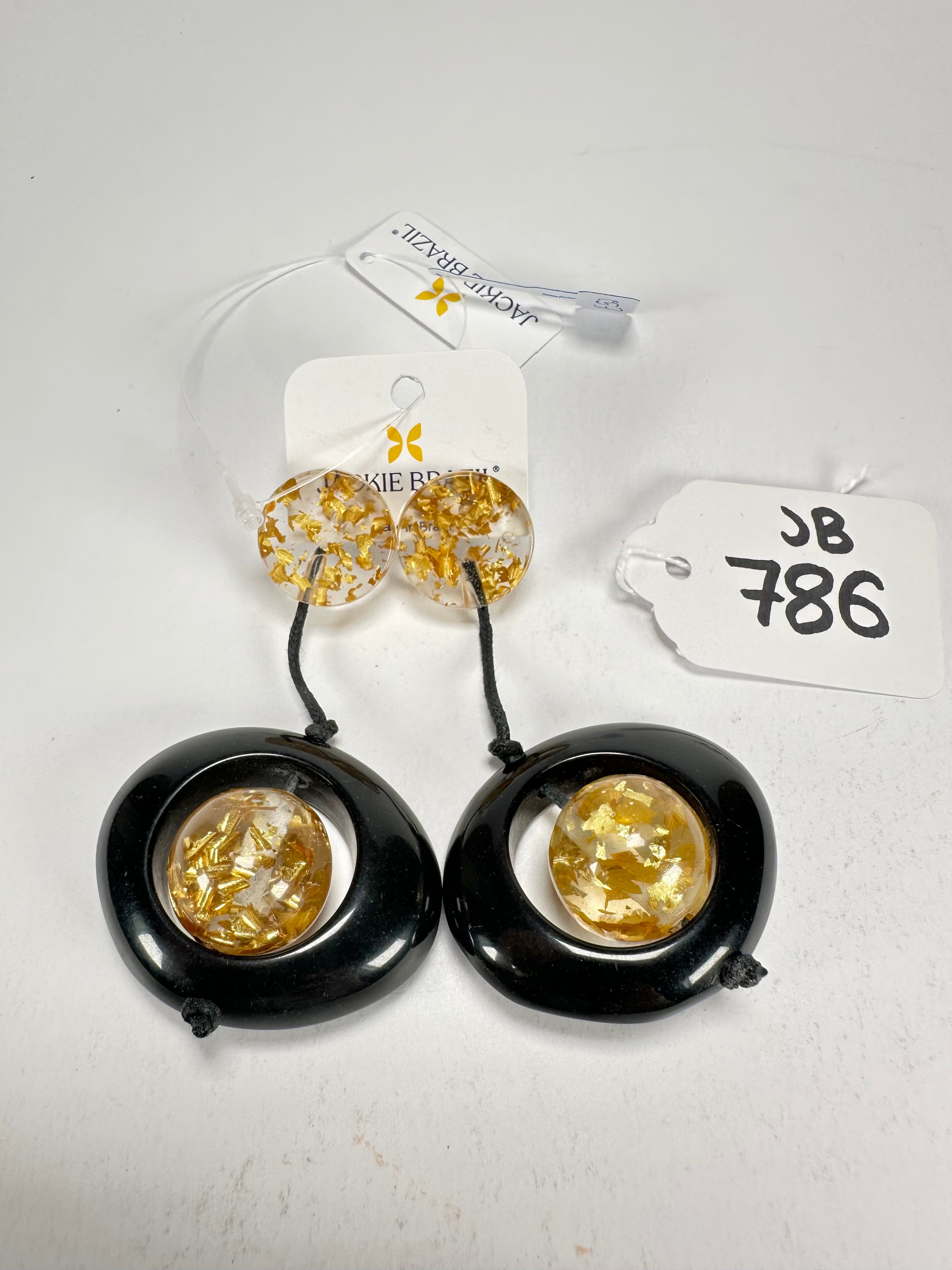 Jackie Brazil "Saturn" Black & Gold Flakes Disk & Ball on Cord Resin Earrings ( E0052 )