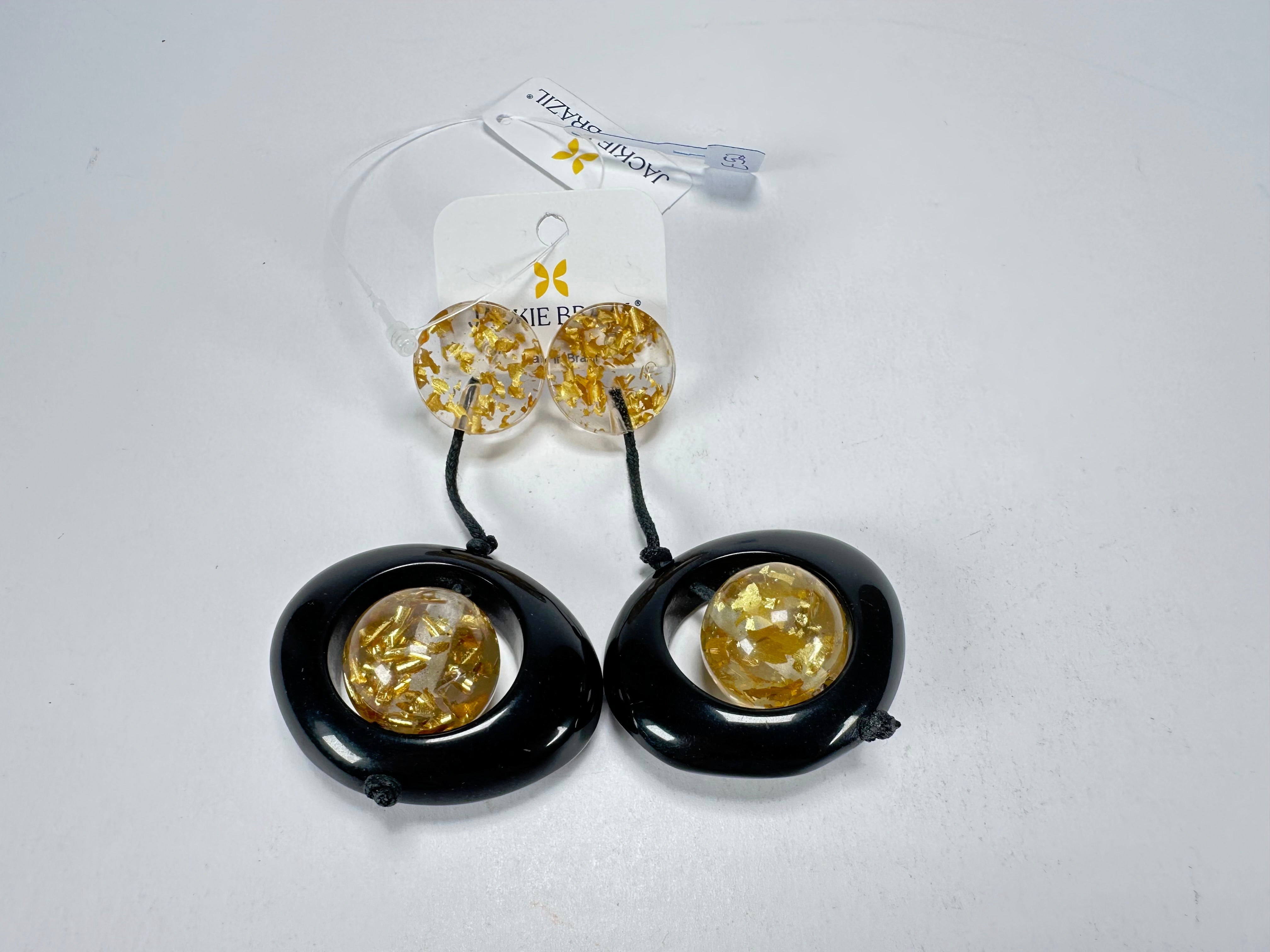 Jackie Brazil "Saturn" Black & Gold Flakes Disk & Ball on Cord Resin Earrings ( E0052 )