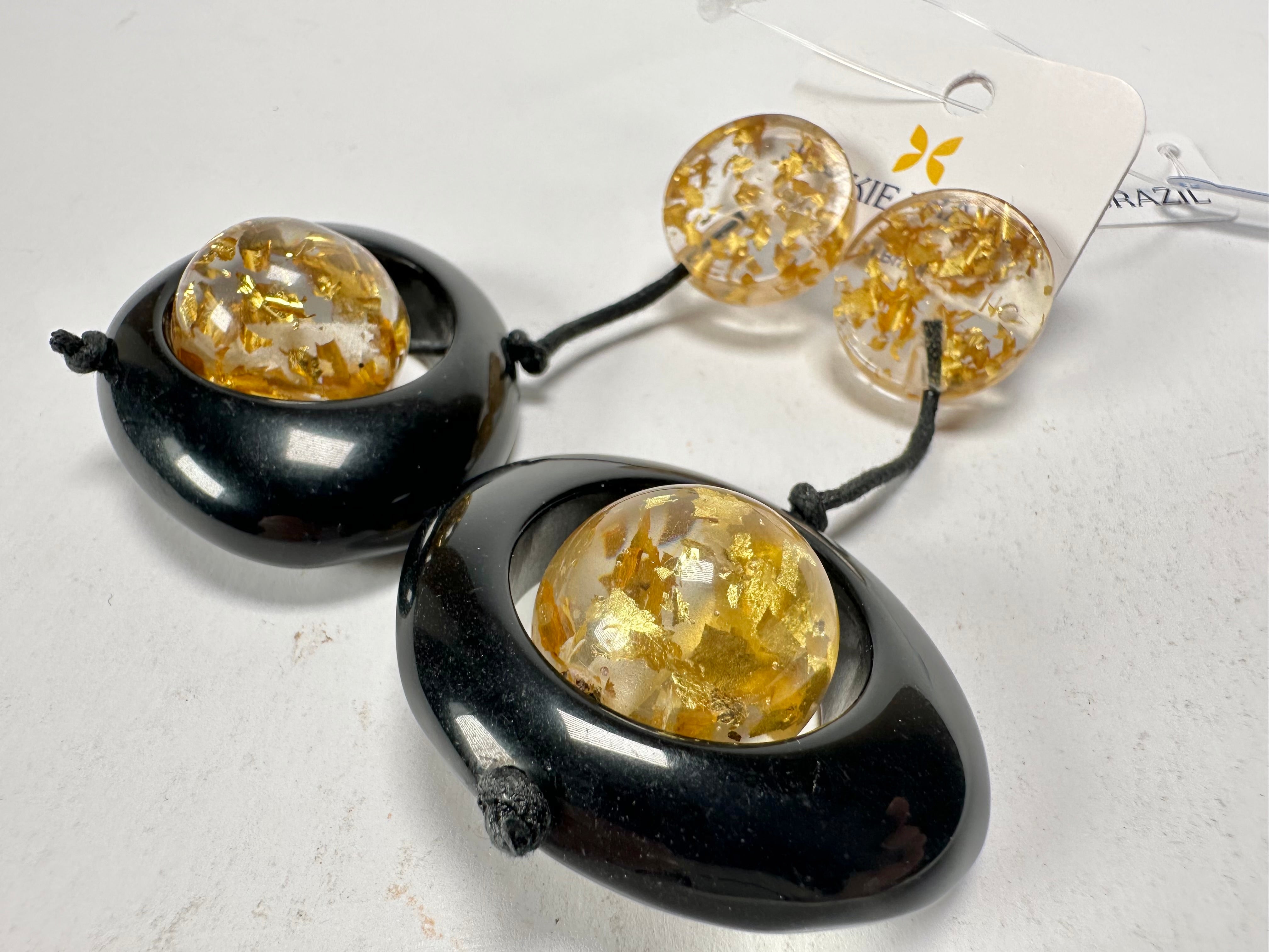 Jackie Brazil "Saturn" Black & Gold Flakes Disk & Ball on Cord Resin Earrings ( E0052 )
